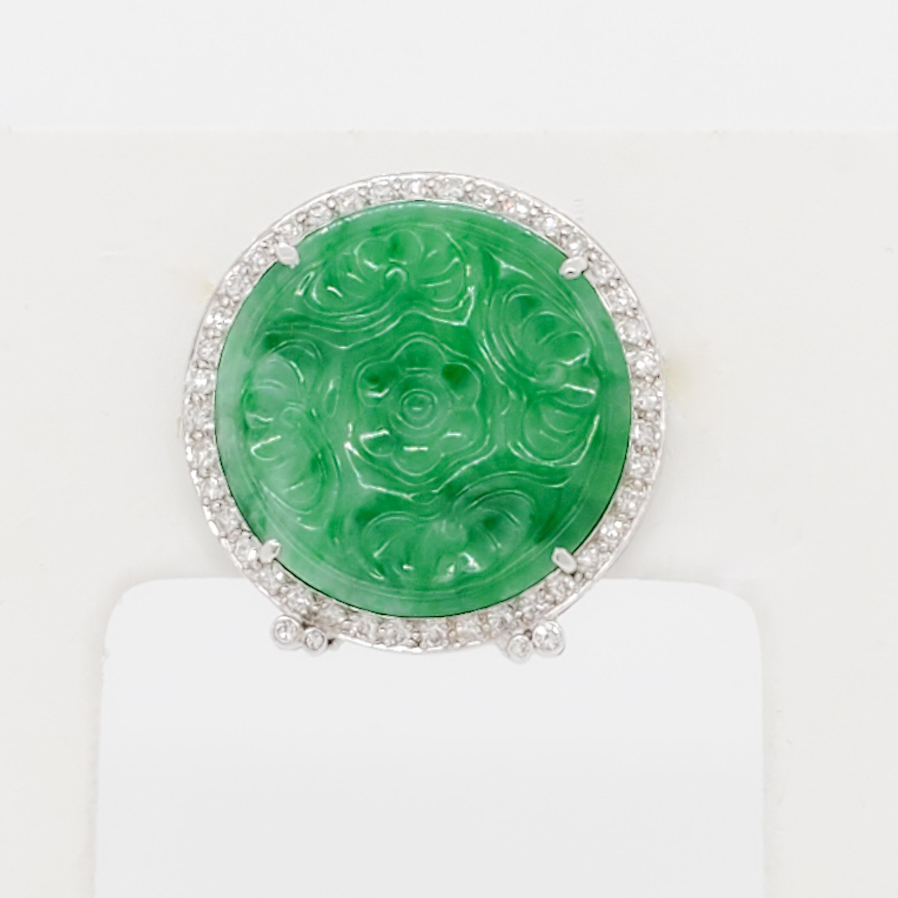 Carved Green Jade and Diamond Platinum Brooch For Sale 2