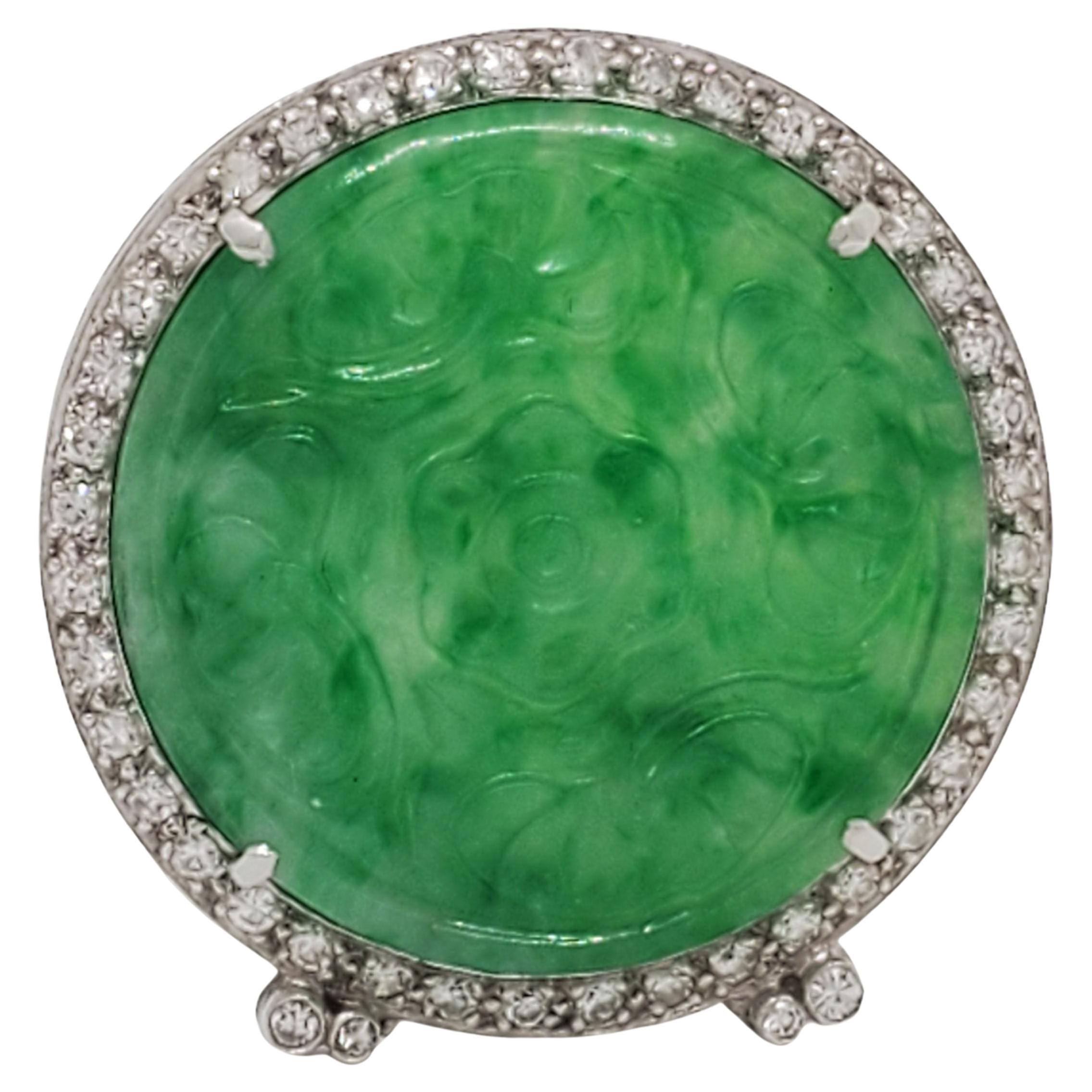 Carved Green Jade and Diamond Platinum Brooch For Sale