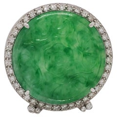Carved Green Jade and Diamond Platinum Brooch