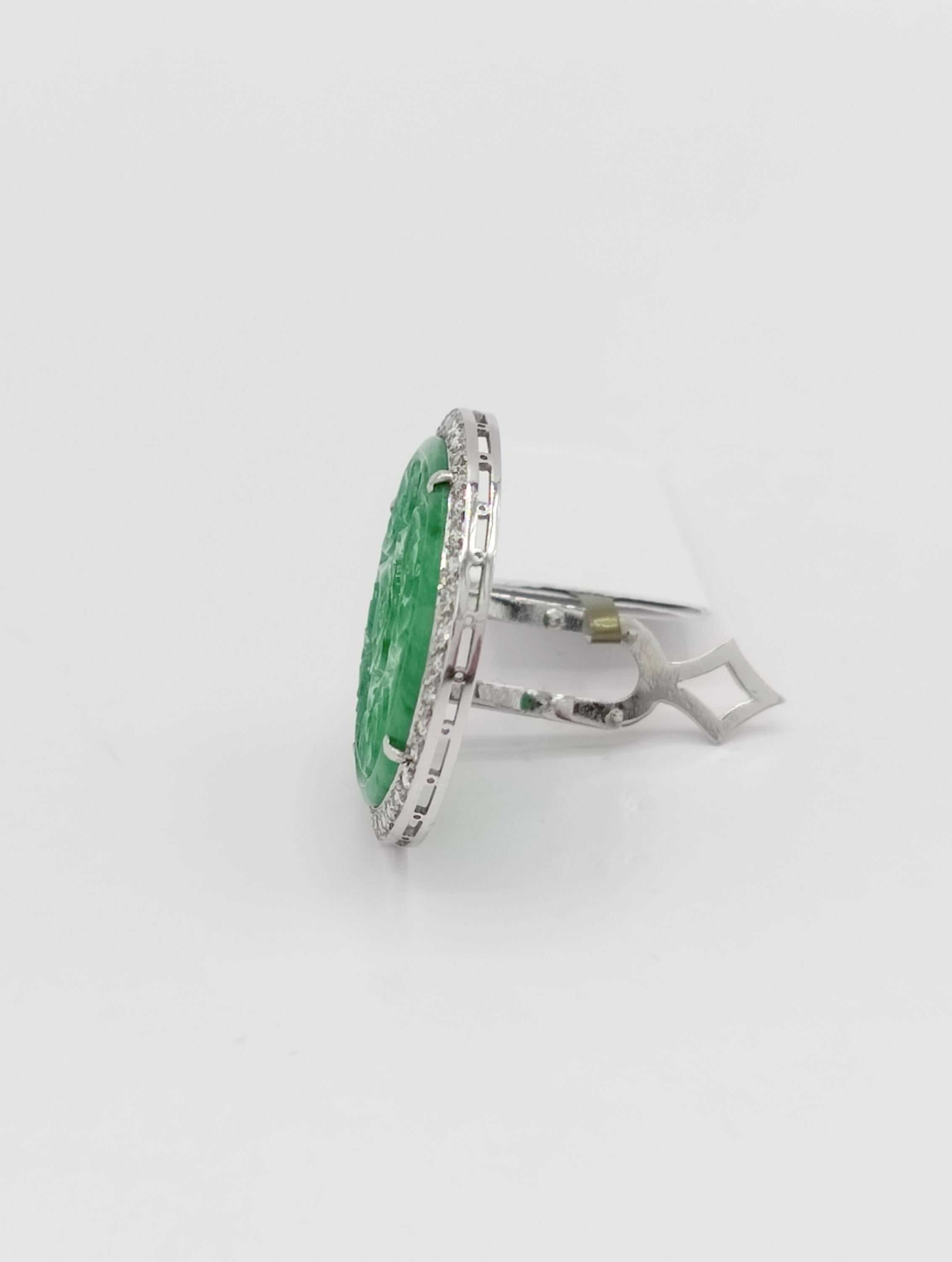 Women's or Men's Carved Green Jade and White Diamond Pin in Platinum For Sale
