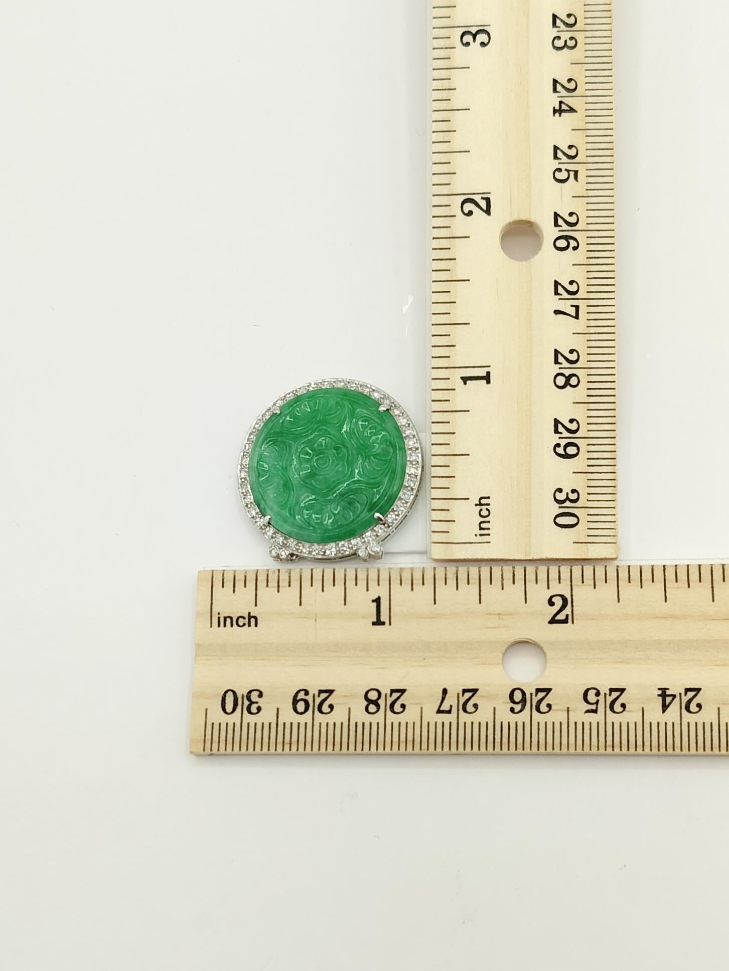 Women's or Men's Carved Green Jade and White Diamond Pin in Platinum For Sale