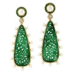 Carved Green Jade Drop Earrings in 18K Gold with Emeralds, Pearls & Diamonds