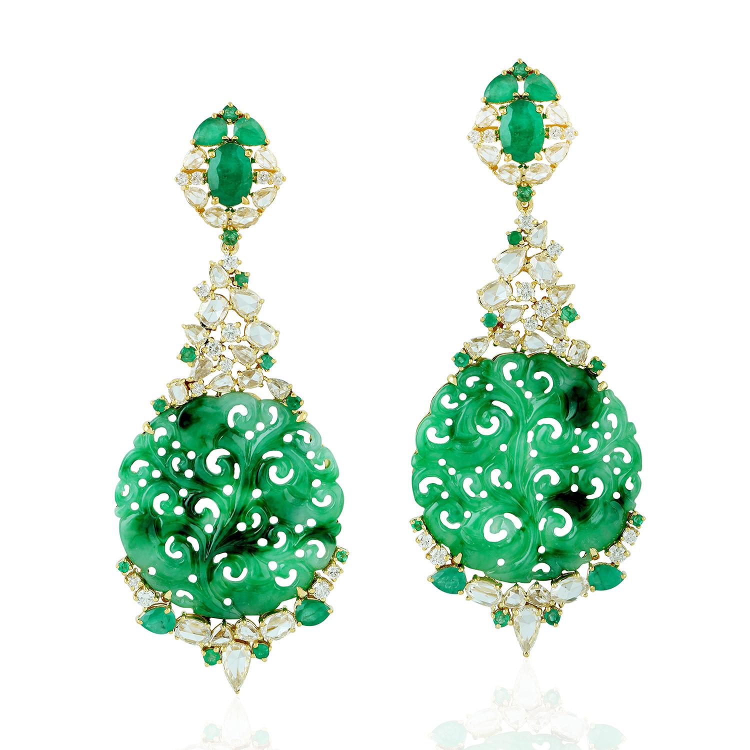 Artisan Carved Green Jade Emerald 18 Karat Gold Diamond Earrings For Sale