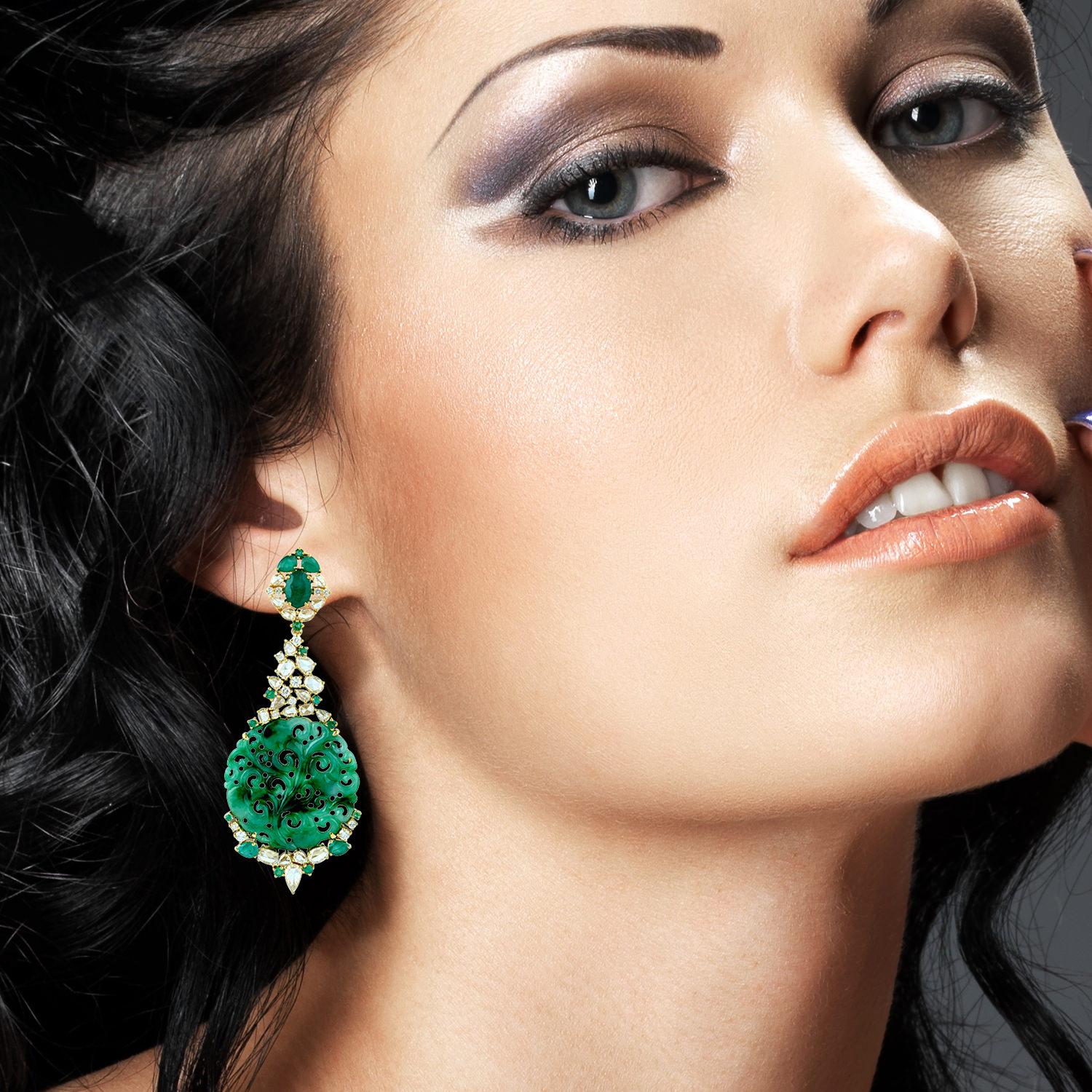 Mixed Cut Carved Green Jade Emerald 18 Karat Gold Diamond Earrings For Sale