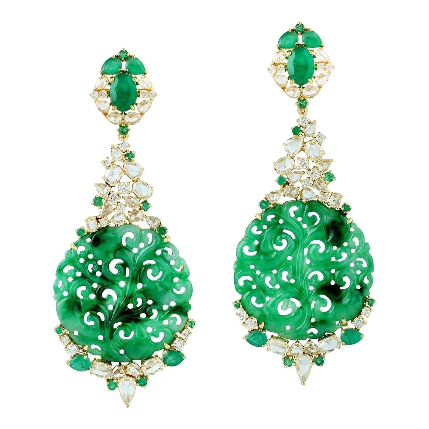 Carved Green Jade Emerald 18 Karat Gold Diamond Earrings For Sale