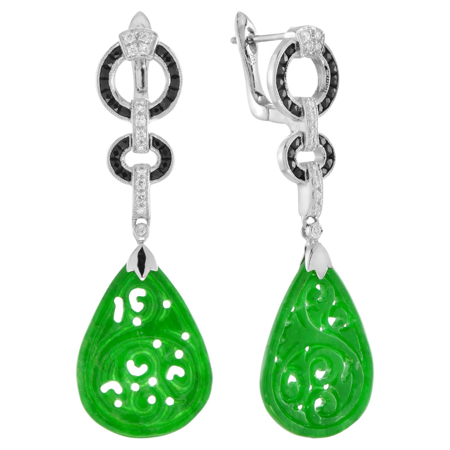Orecchini in oro bianco 14K con giada verde intagliata e diamante d'onice in stile Art Déco in vendita