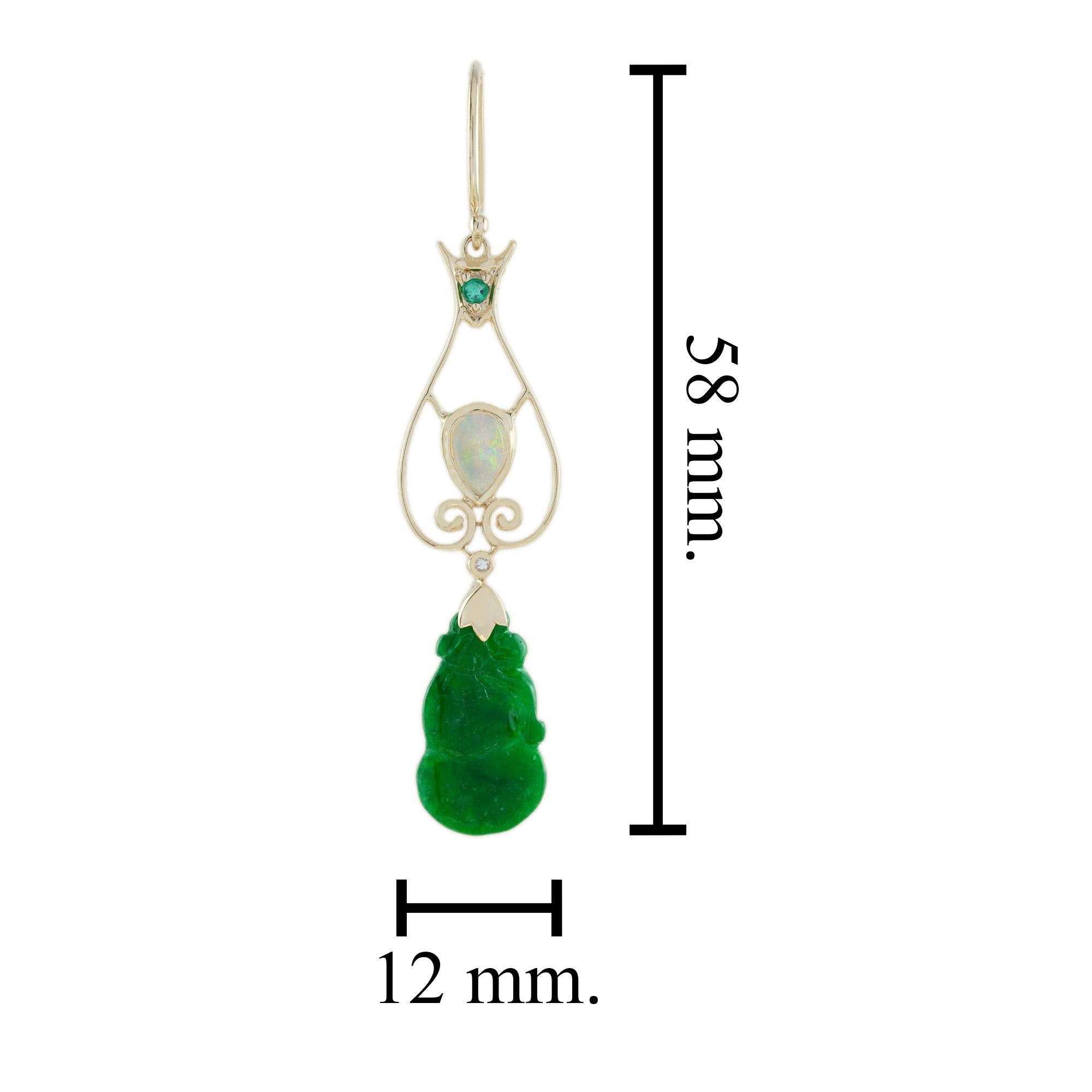 Geschnitzte grüne Jade & Opal Smaragd und Diamant Vintage Style Tropfen Gold Ohrringe im Zustand „Neu“ im Angebot in Oakton, VA