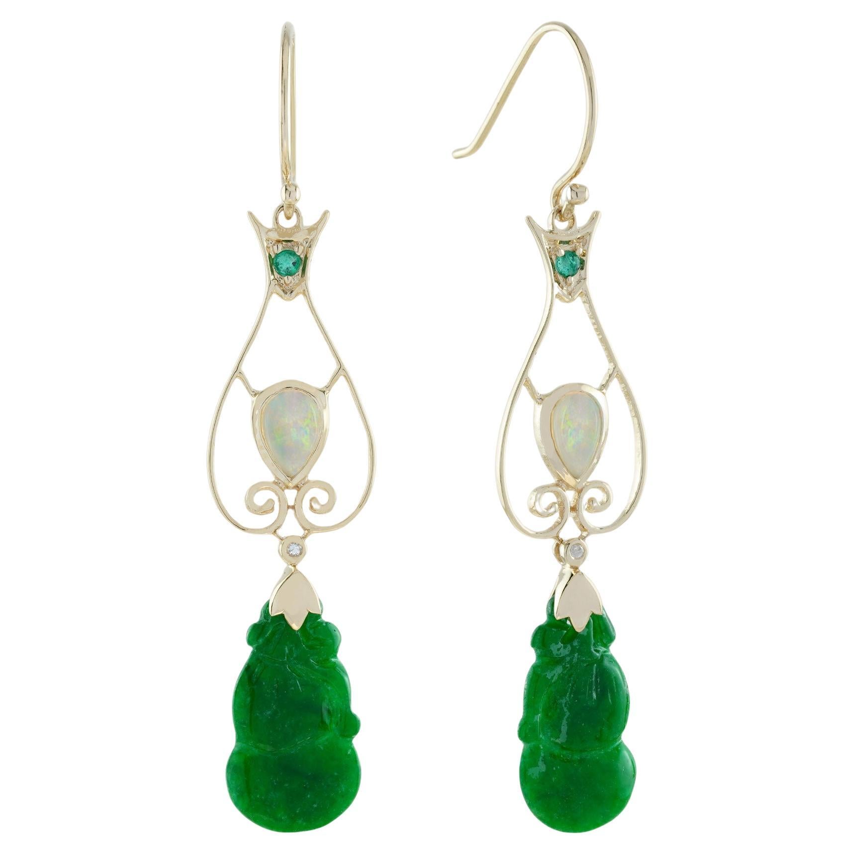 Geschnitzte grüne Jade & Opal Smaragd und Diamant Vintage Style Tropfen Gold Ohrringe