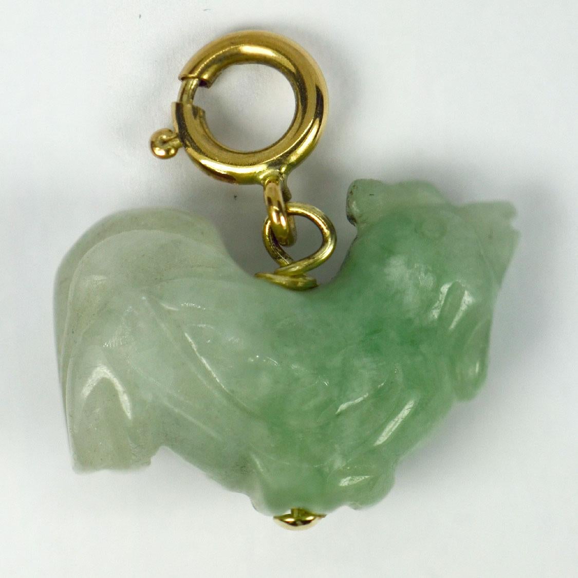 Bead Carved Green Jade Rooster 9K Yellow Gold Charm Pendant For Sale