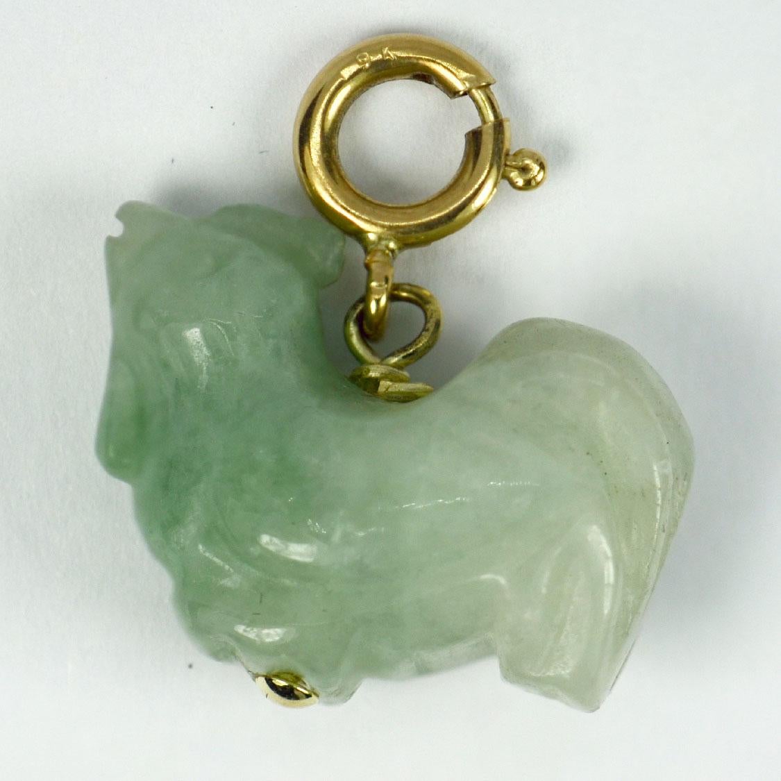 Carved Green Jade Rooster 9K Yellow Gold Charm Pendant In Good Condition For Sale In London, GB