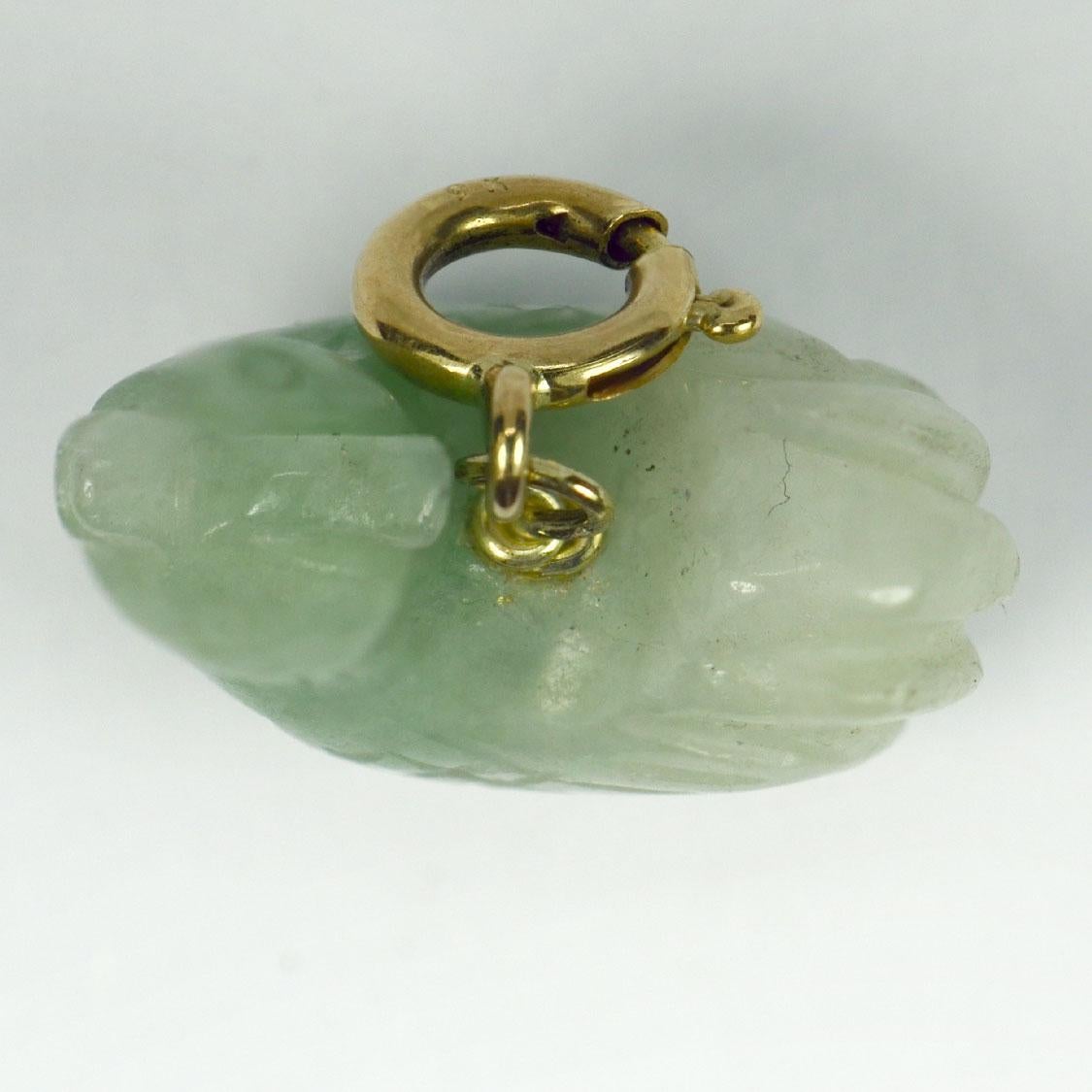 Carved Green Jade Rooster 9K Yellow Gold Charm Pendant For Sale 1