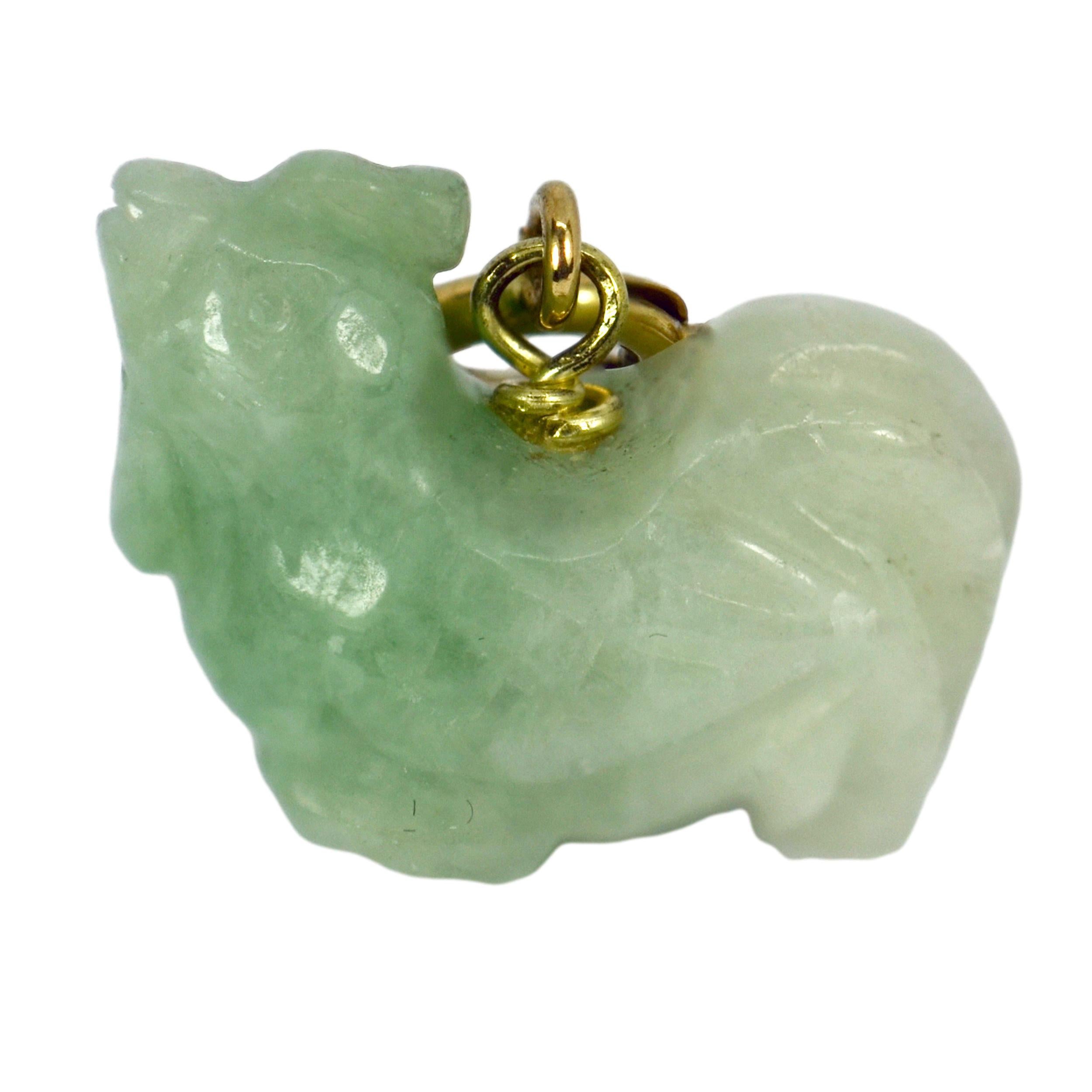 Carved Green Jade Rooster 9K Yellow Gold Charm Pendant For Sale