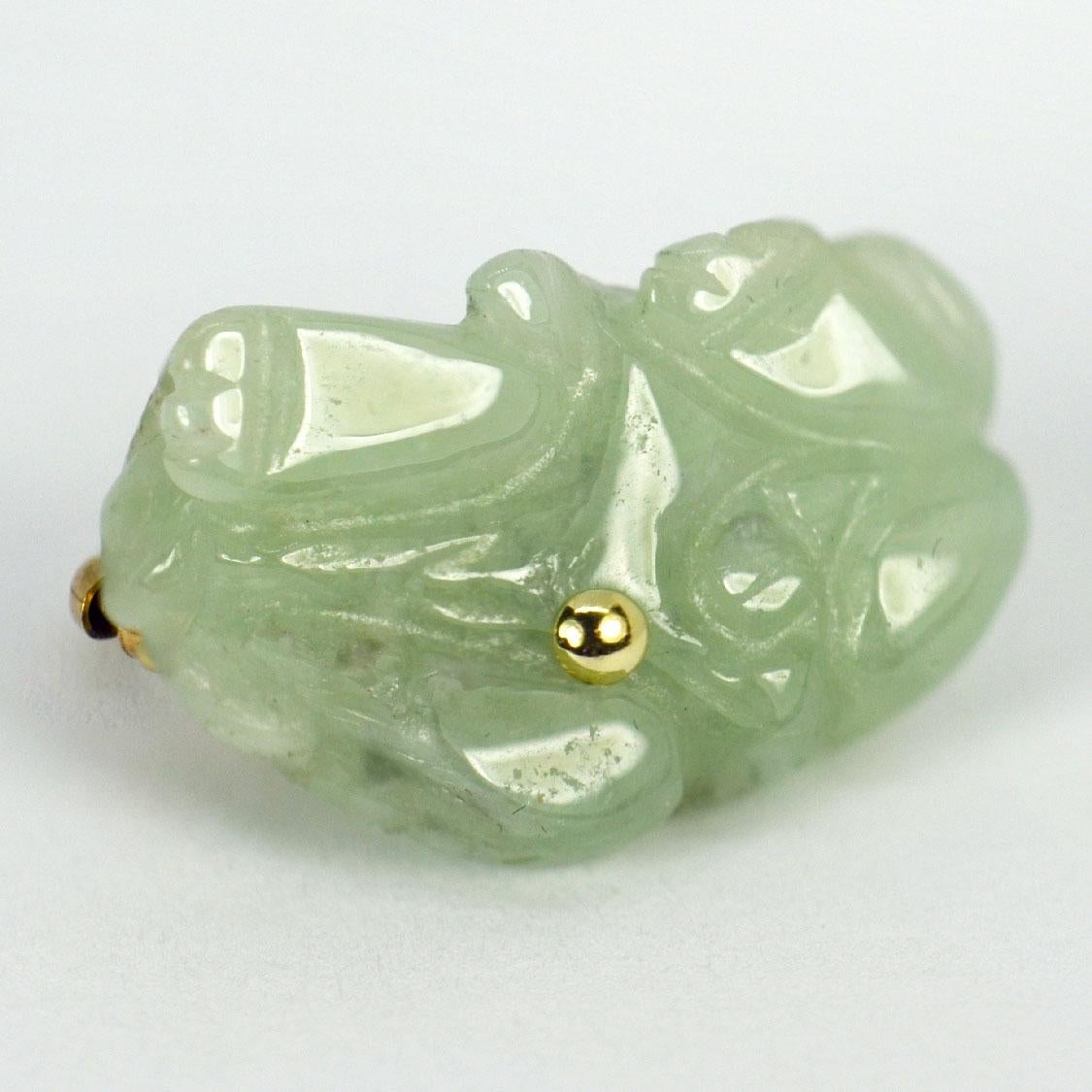 Bead Carved Green Jade Tiger 9K Yellow Gold Charm Pendant For Sale
