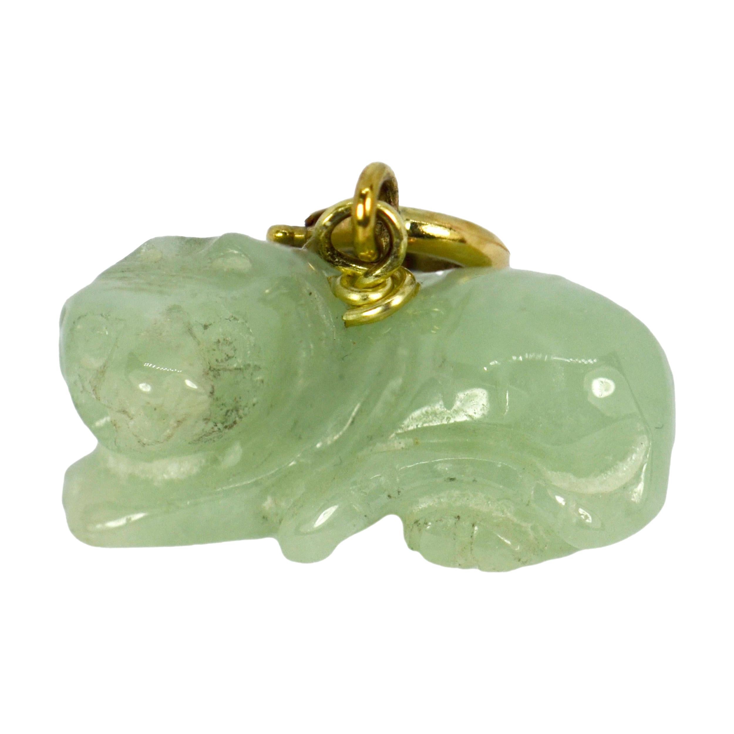 Carved Green Jade Tiger 9K Yellow Gold Charm Pendant For Sale
