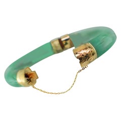 Carved Green Jadeite Bracelet 14 Karat Gold Pictures Fish or Peacock