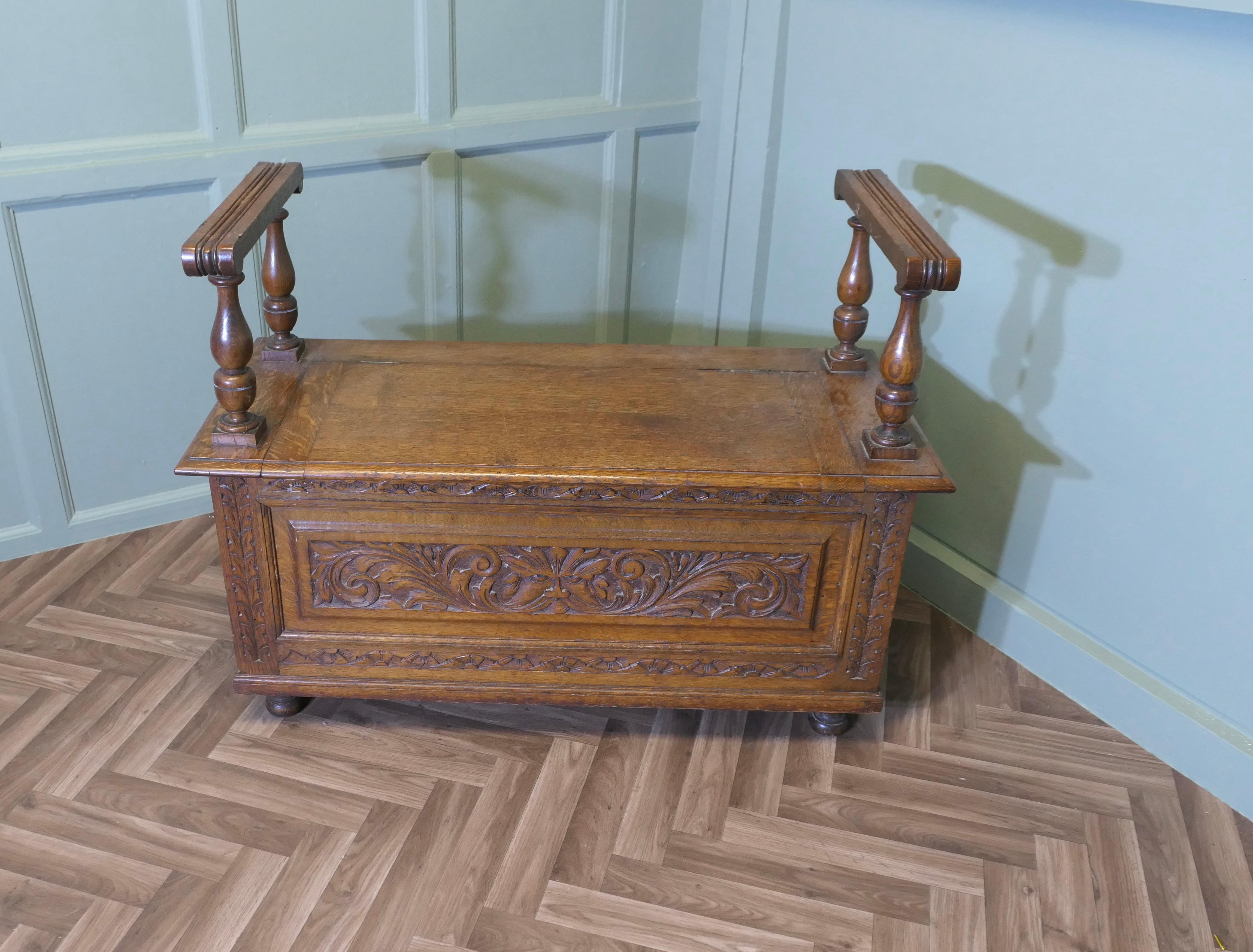 Gothic Carved Green Man Golden Oak Coffer, Hall Seat For Sale