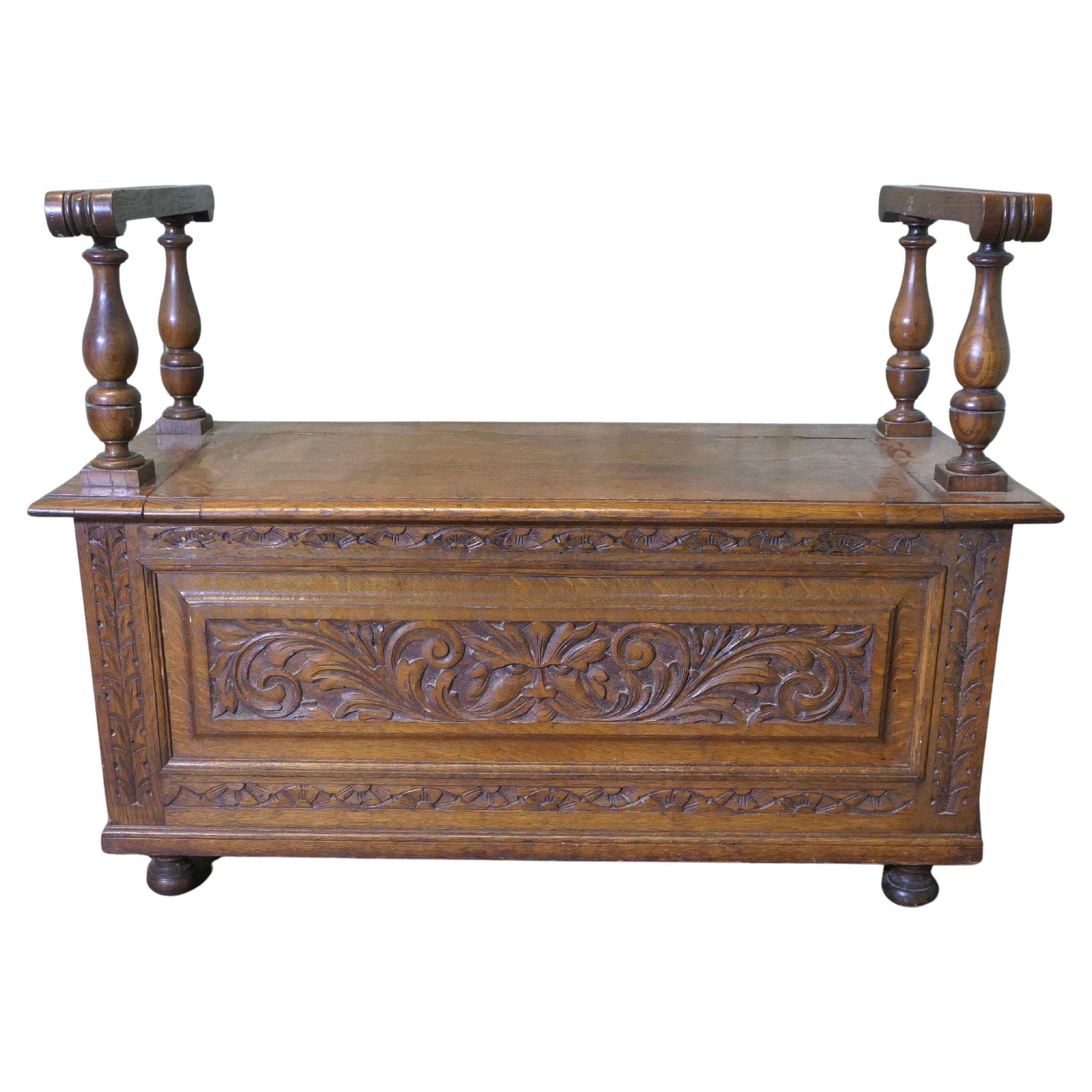 Carved Green Man Golden Oak Coffer, Hall Seat For Sale