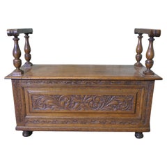 Antique Carved Green Man Golden Oak Coffer, Hall Seat