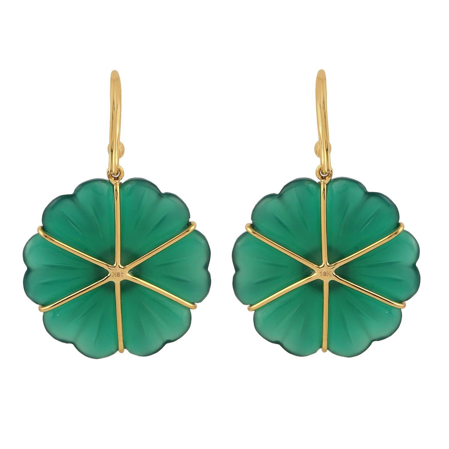 Modern Carved Green Onyx Opal 18 Karat Gold Flower Diamond Earrings For Sale