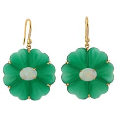 Boucles d'oreilles fleur en or 18 carats, onyx vert sculpté et opale