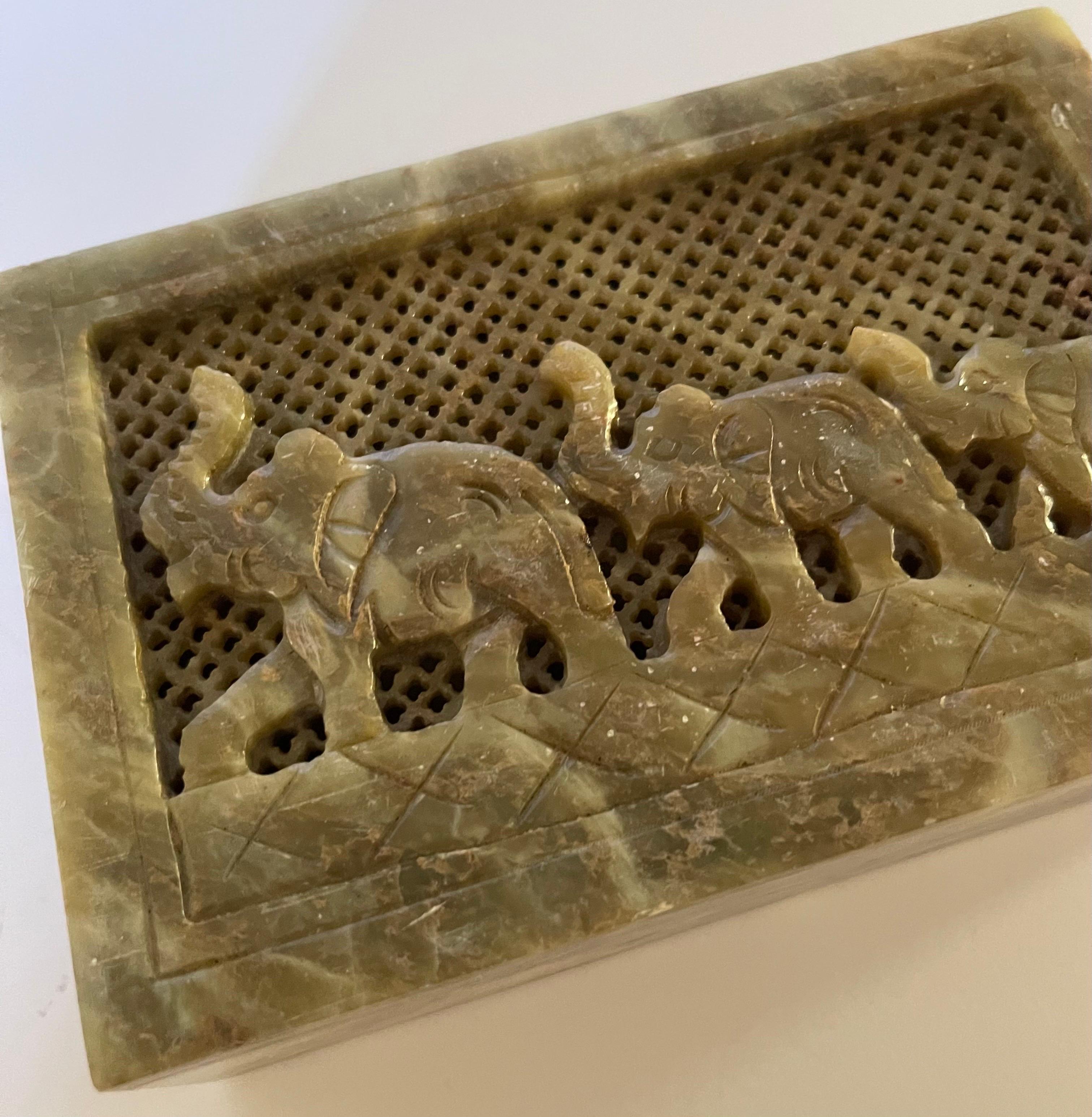 Late 20th Century Carved Green Soapstone Elephant Motif Decorative Box For Sale