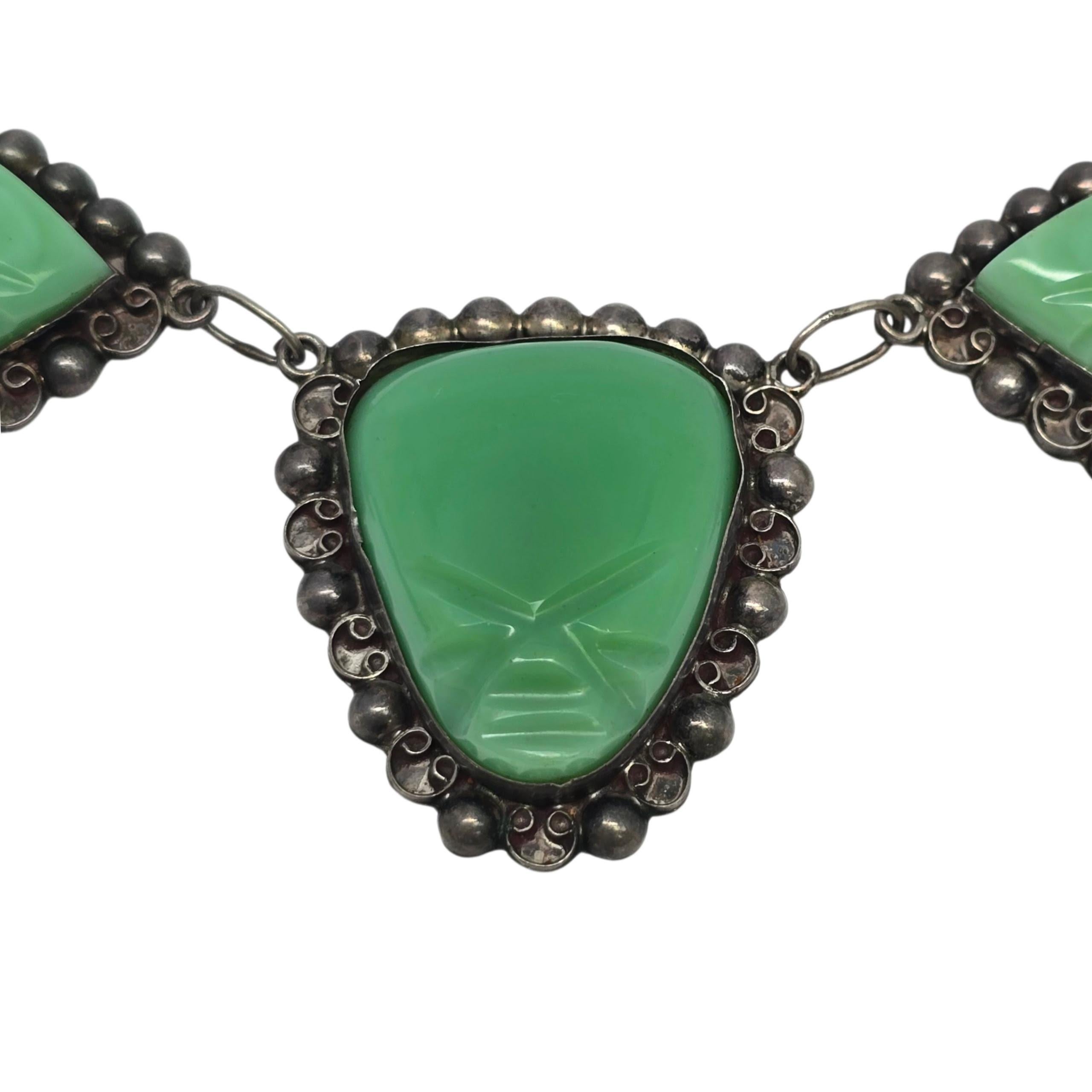 Carved Green Stone Face Sterling Silver Mexico Necklace #22838 In Good Condition For Sale In Washington Depot, CT