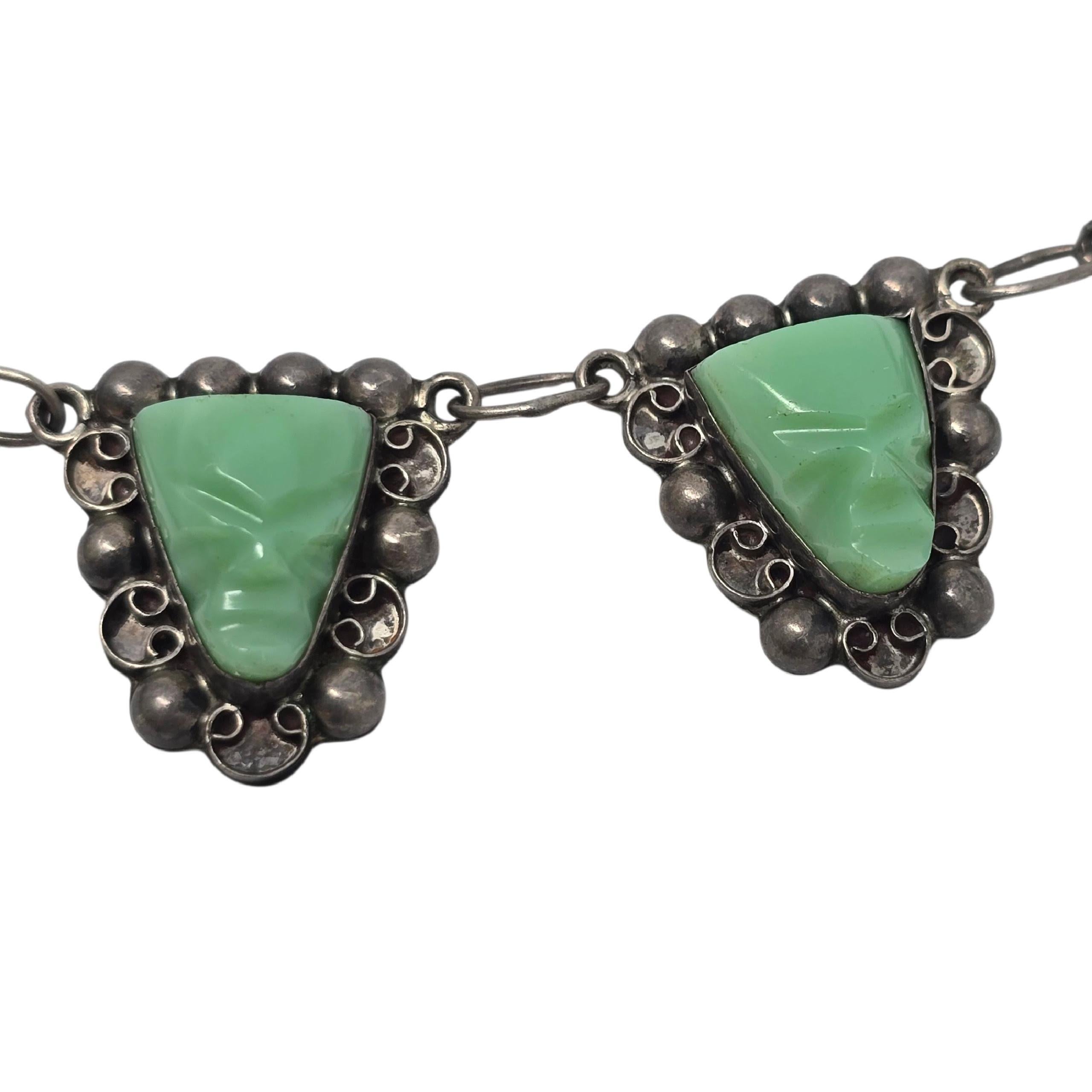 Women's Carved Green Stone Face Sterling Silver Mexico Necklace #22838 For Sale