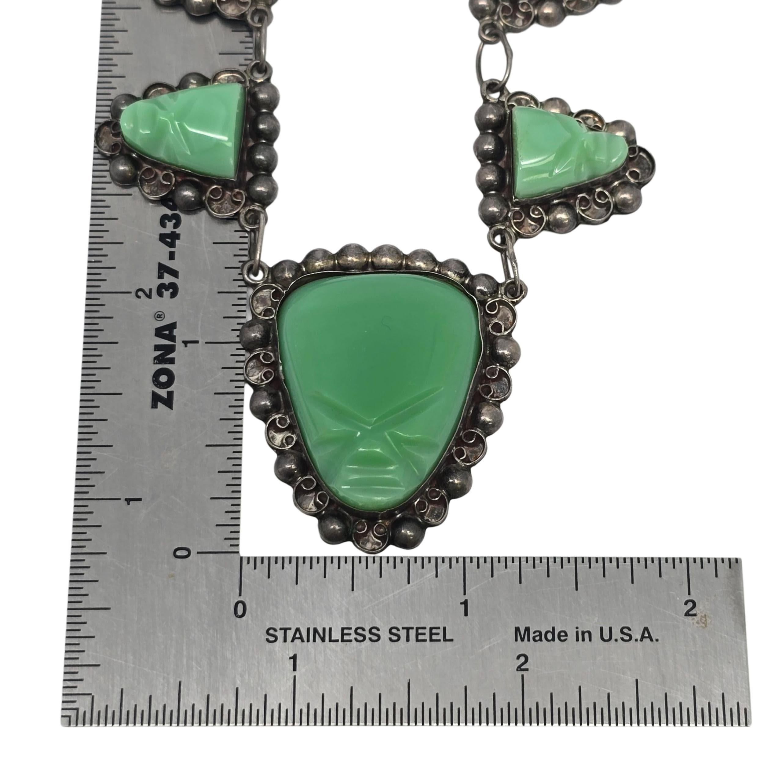 Carved Green Stone Face Sterling Silver Mexico Necklace #22838 For Sale 4