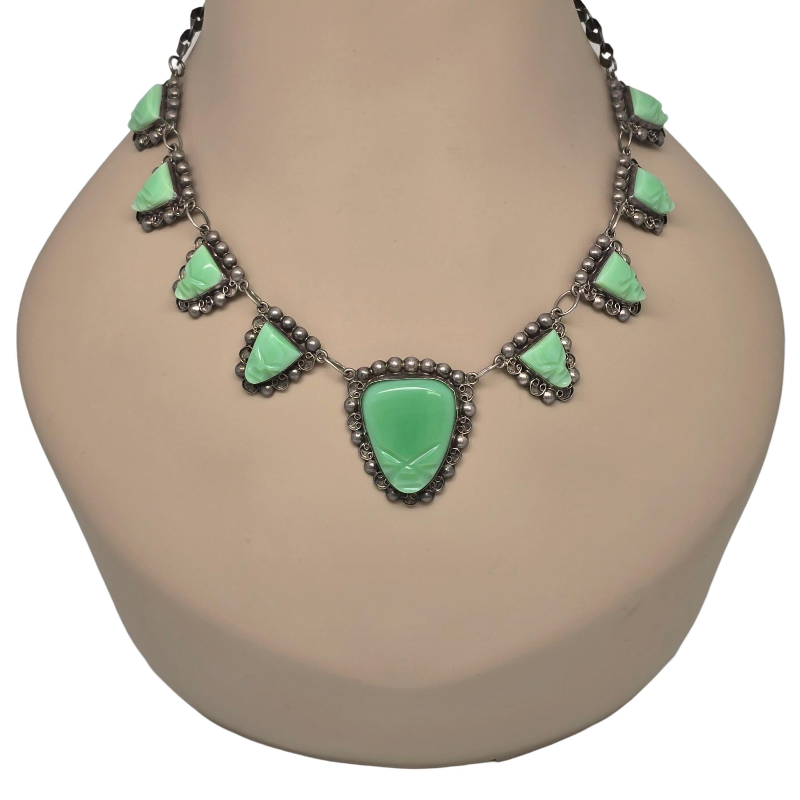 Carved Green Stone Face Sterling Silver Mexico Necklace #22838 For Sale 5