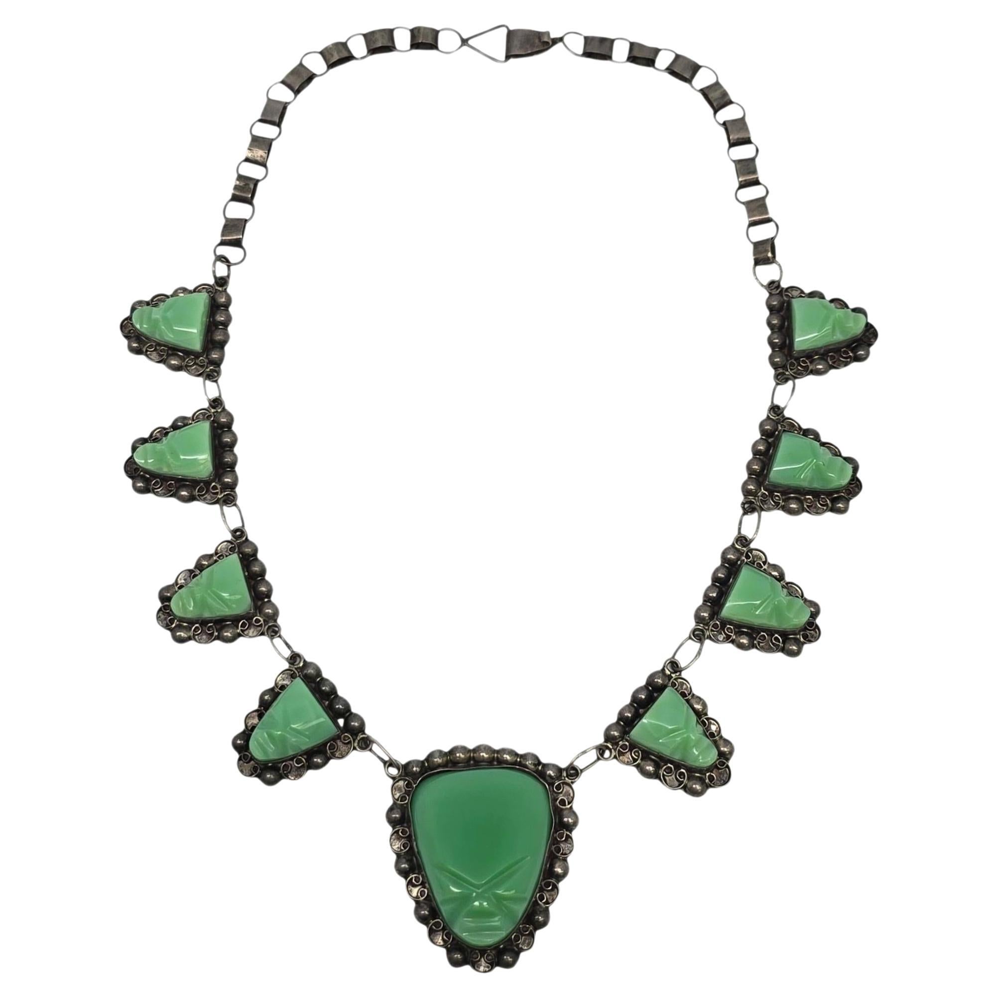 Carved Green Stone Face Sterling Silver Mexico Necklace #22838 For Sale