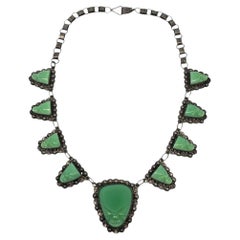 Carved Green Stone Face Sterling Silver Mexico Necklace #22838