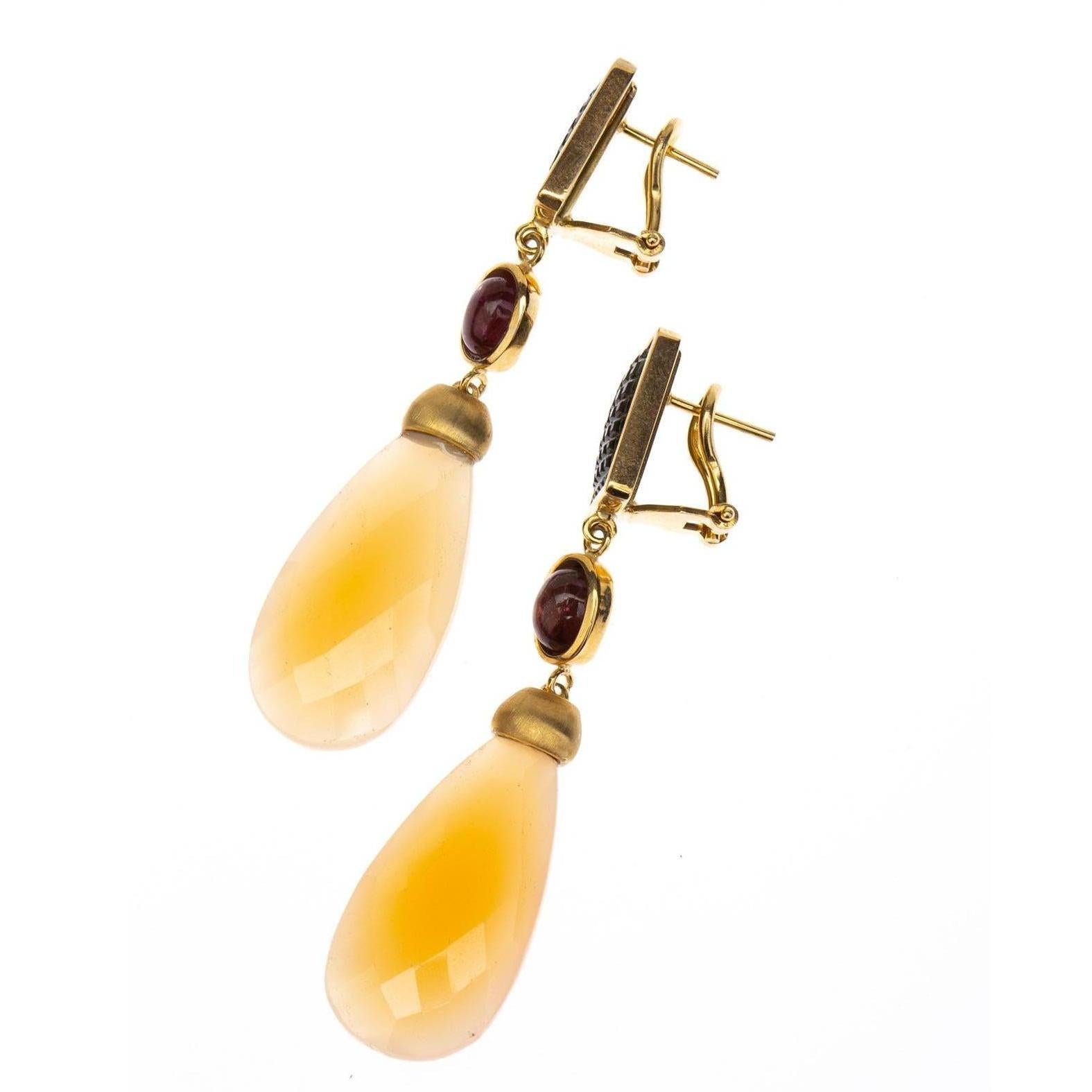 Carved Green Tourmaline Opal Drop Cabochon Ruby 18 Karat Gold Earrings In New Condition For Sale In Milan, IT