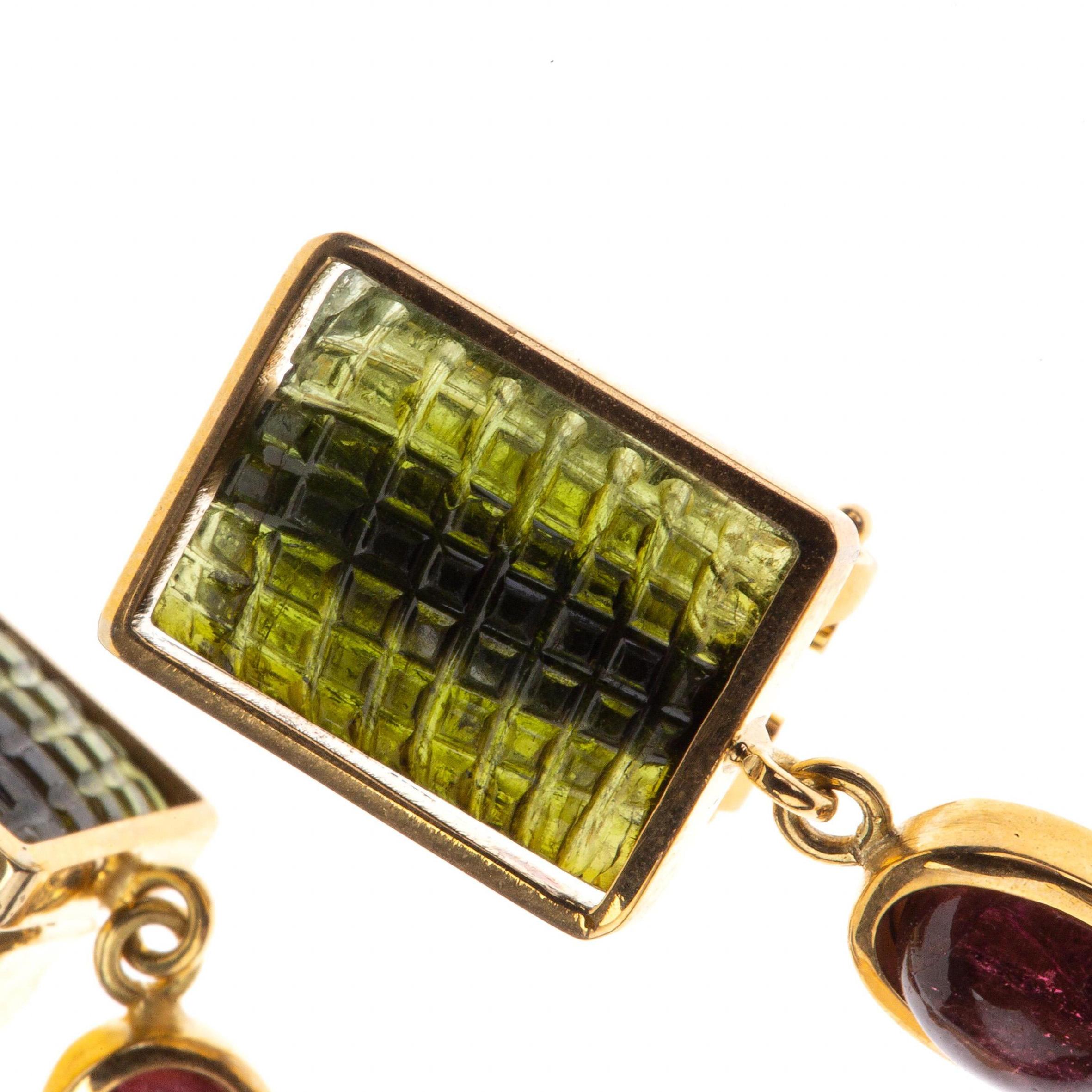 Women's or Men's Carved Green Tourmaline Opal Drop Cabochon Ruby 18 Karat Gold Earrings For Sale