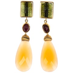 Carved Green Tourmaline Opal Drop Cabochon Ruby 18 Karat Gold Earrings