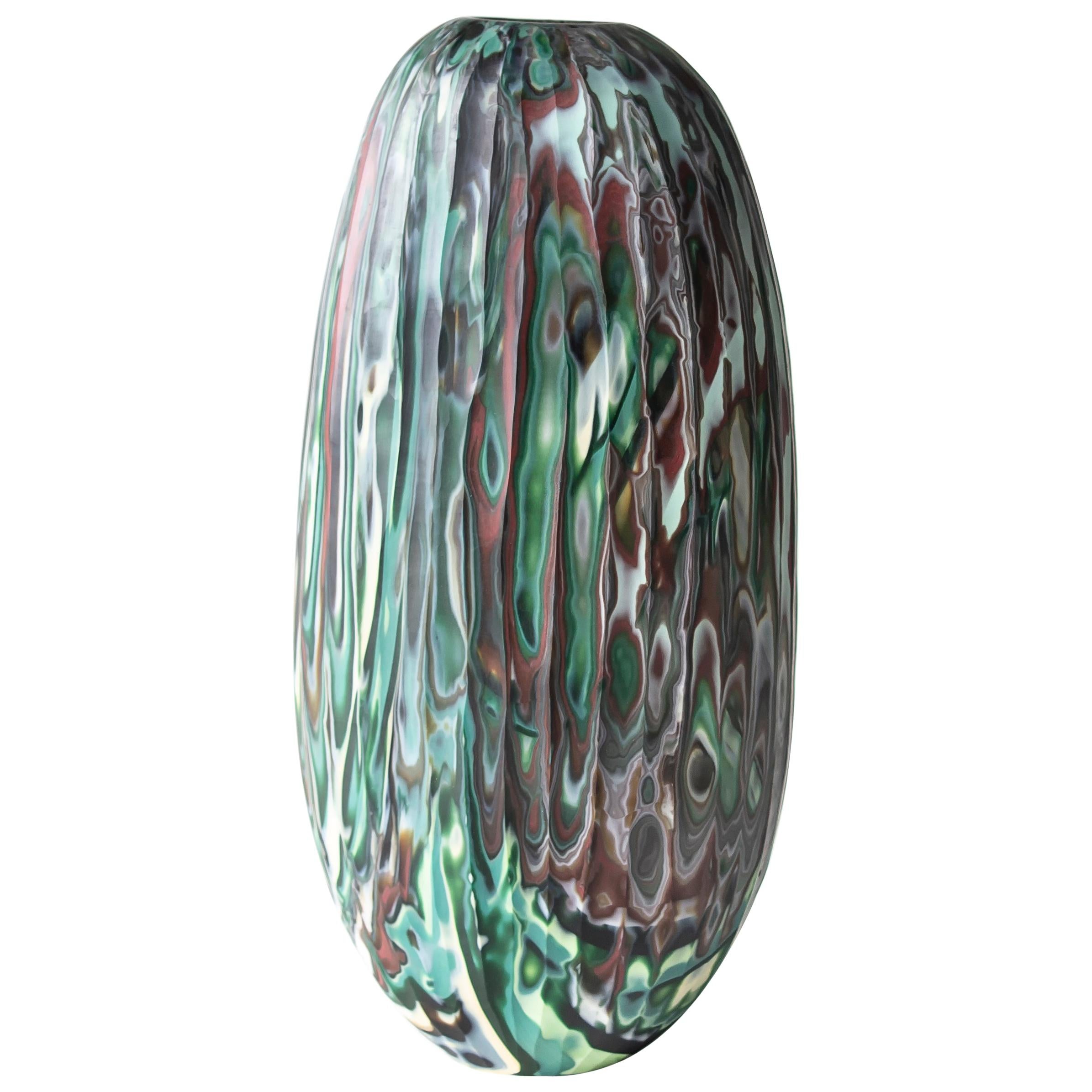 Carved Green Vase, Italian Technique, Handblown Glass by Caleb Siemon - In Stock