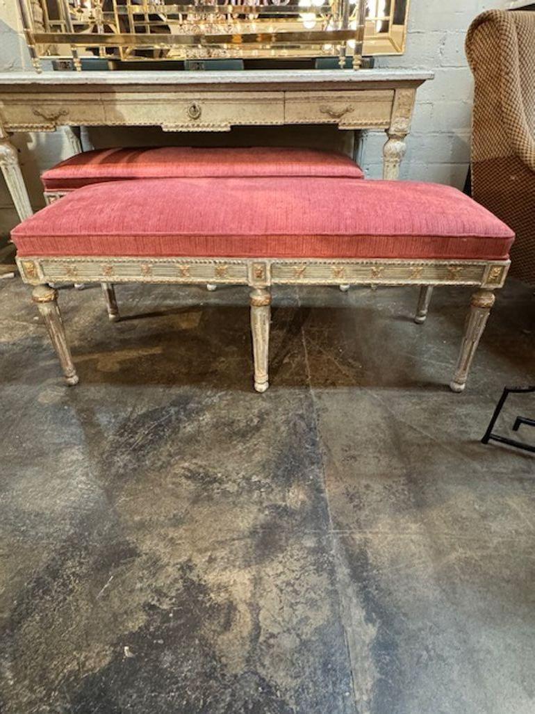 Nicely carved Gustavian parcel gilt Neo-classical bench. Circa 1940. Adds warmth and charm to any room! 48w x 18d x 20h