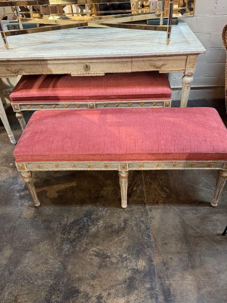 Fabric Carved Gustavian Neo-Classical Bench For Sale