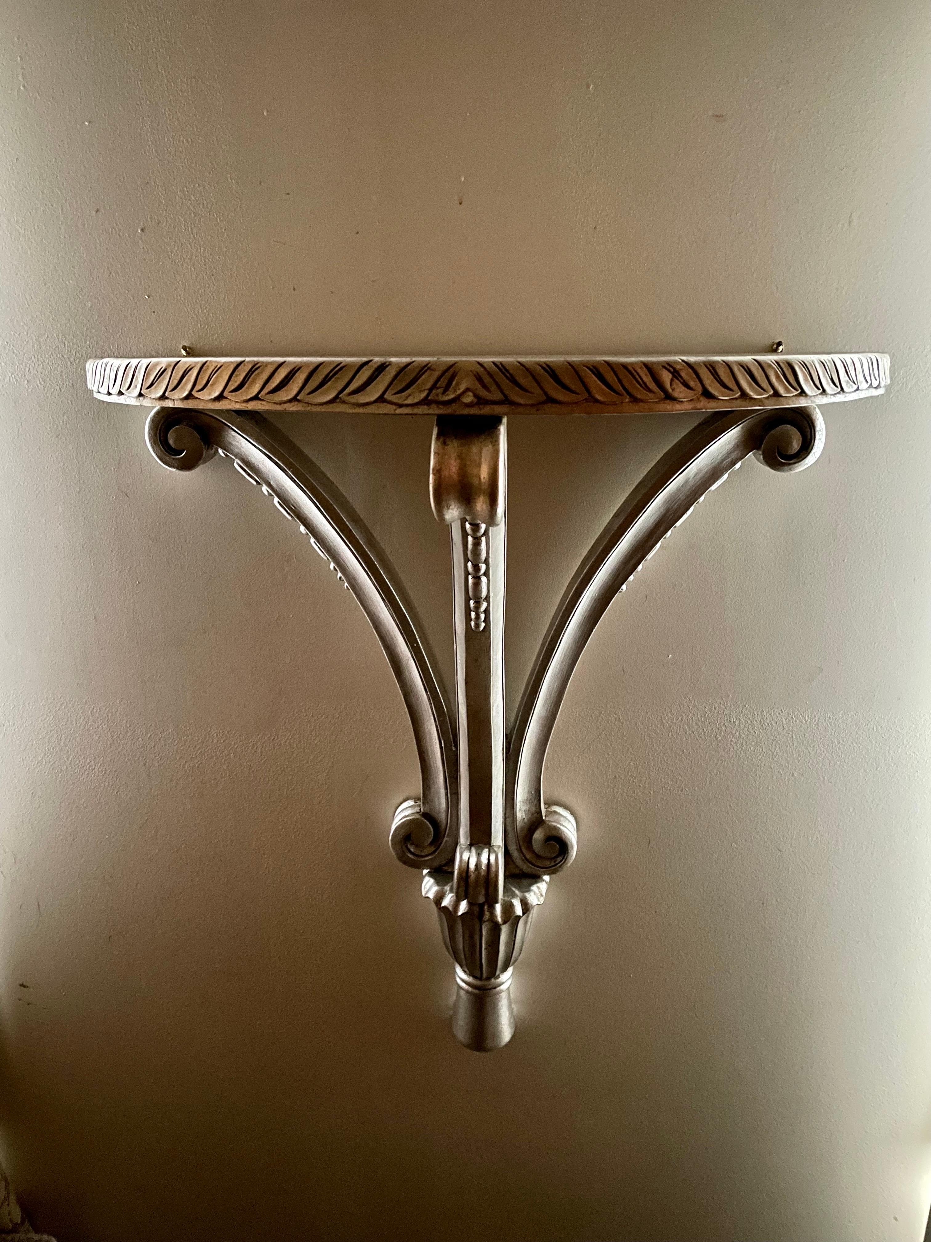 Italian Carved Hanging Silver Leaf Demi Lune Console For Sale
