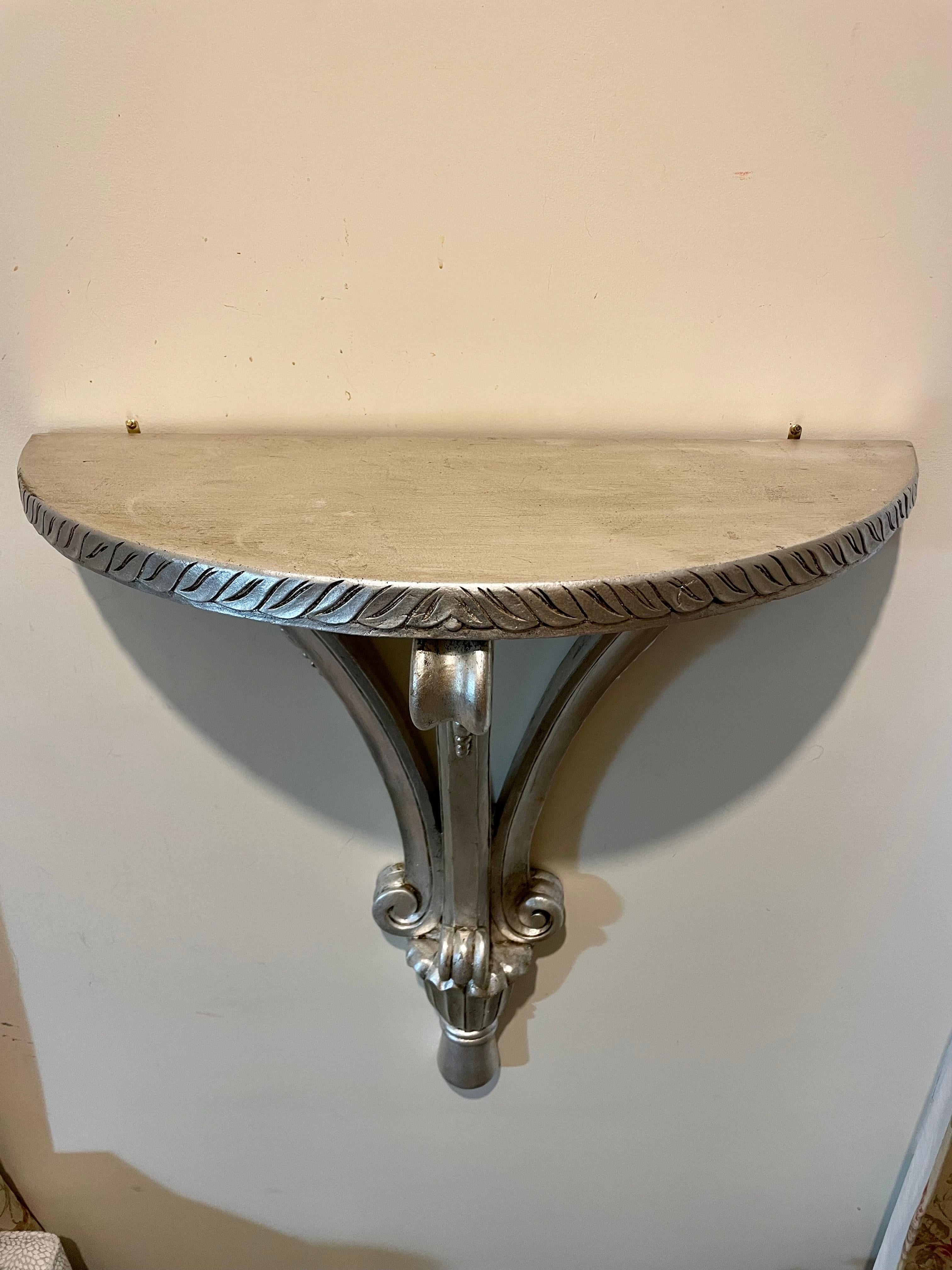 Carved Hanging Silver Leaf Demi Lune Console In Good Condition For Sale In New York, NY