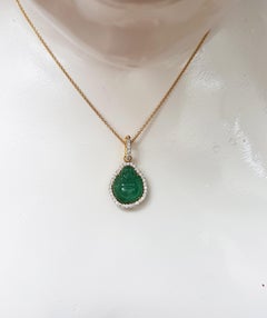 Carved Happy Buddha Emerald with Diamond Pendant Set in 18 Karat Gold Setting