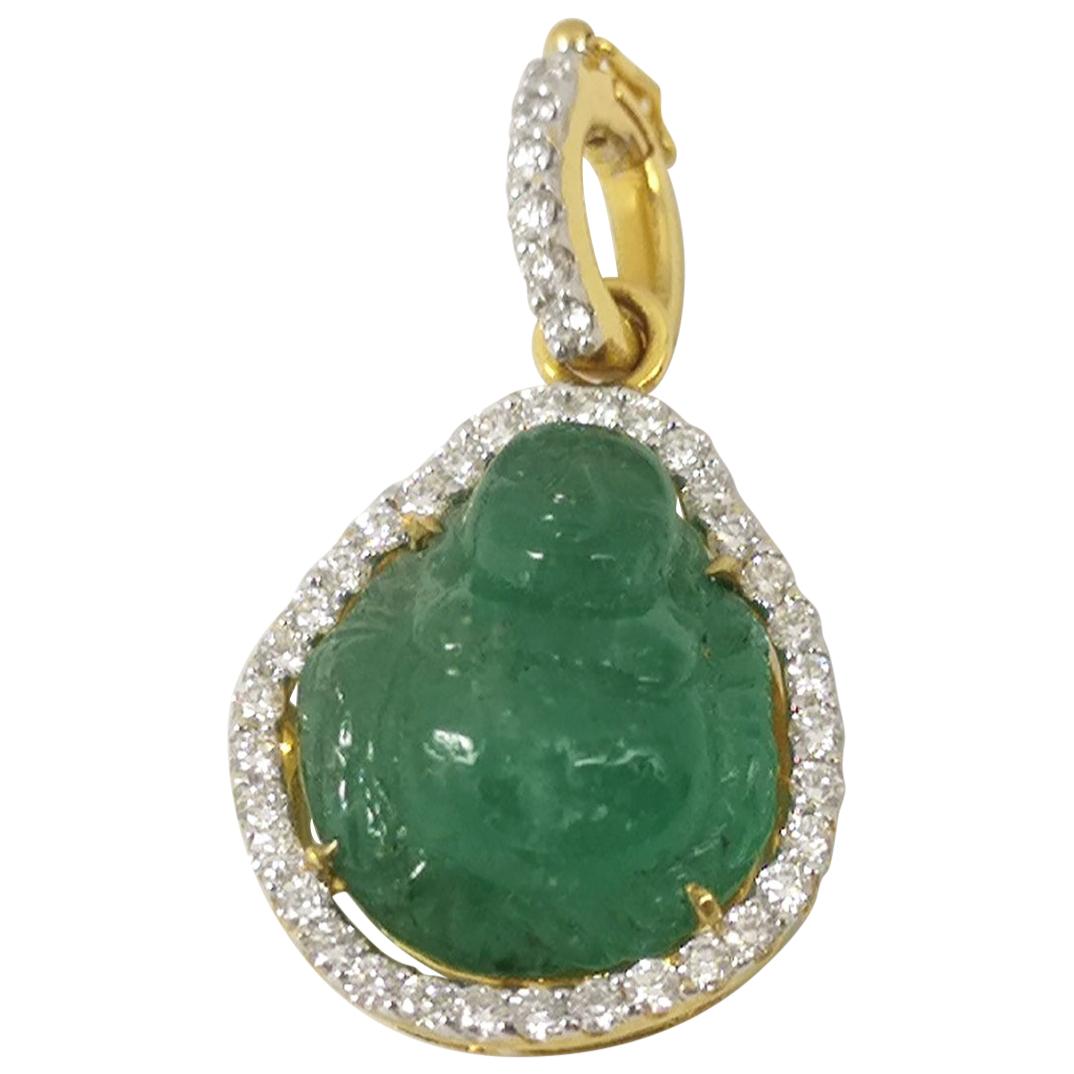 Carved Happy Buddha Emerald with Diamond Pendant Set in 18 Karat Gold Setting For Sale