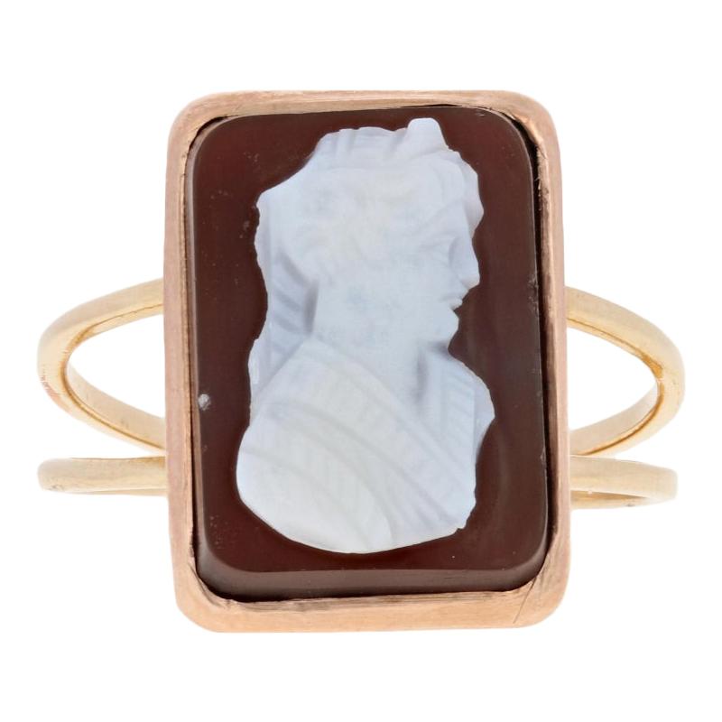 Carved Hardstone Cameo Ring, 10k Gold Carnelian / Sard Onyx Converted Stickpin For Sale
