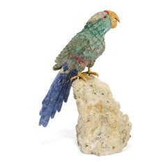 Carved Hardstone Green Blue Crystal Model Bird Sculpture Figure Parrot Décor