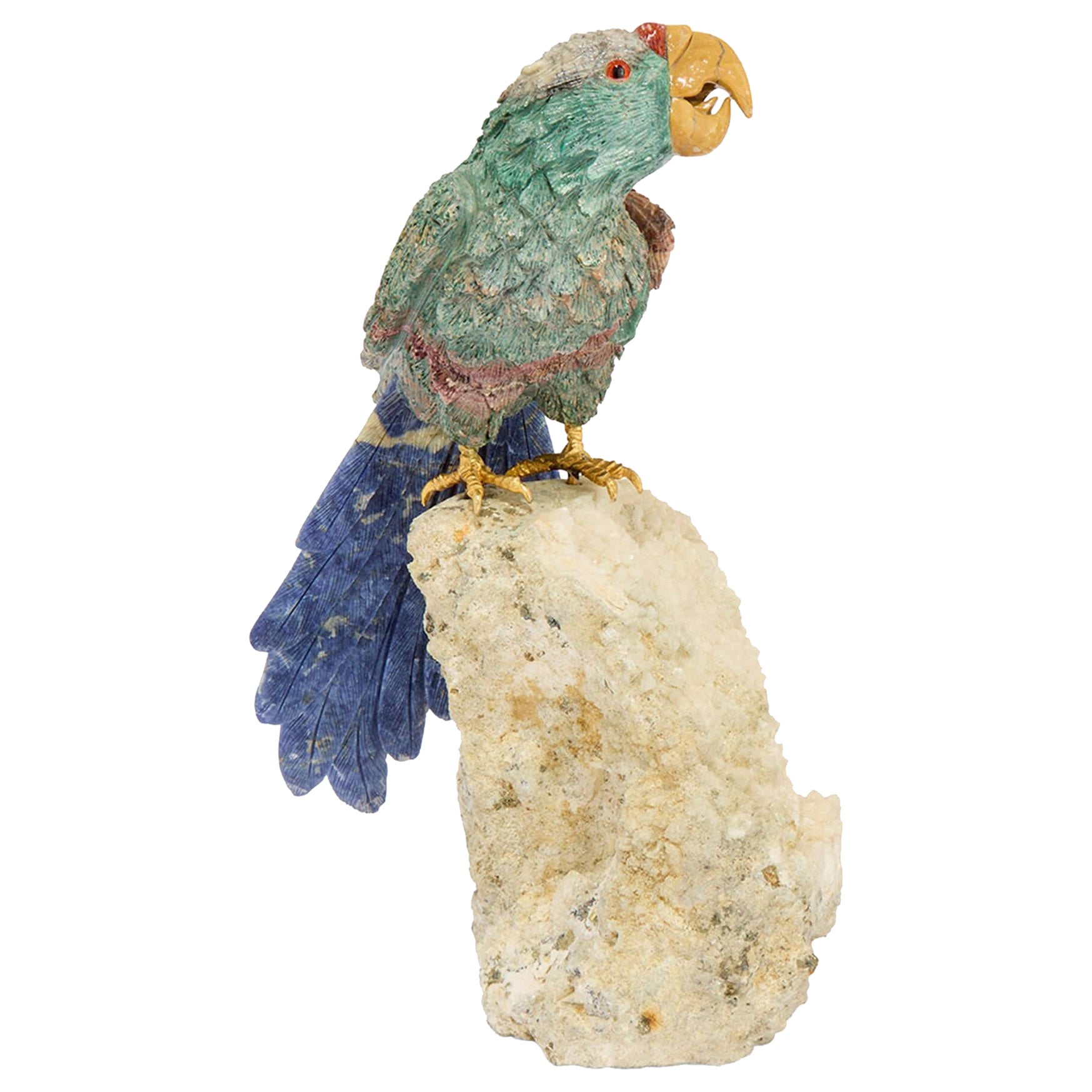 Carved Hardstone Green Blue Crystal Model Bird Sculpture Figure Parrot Décor For Sale