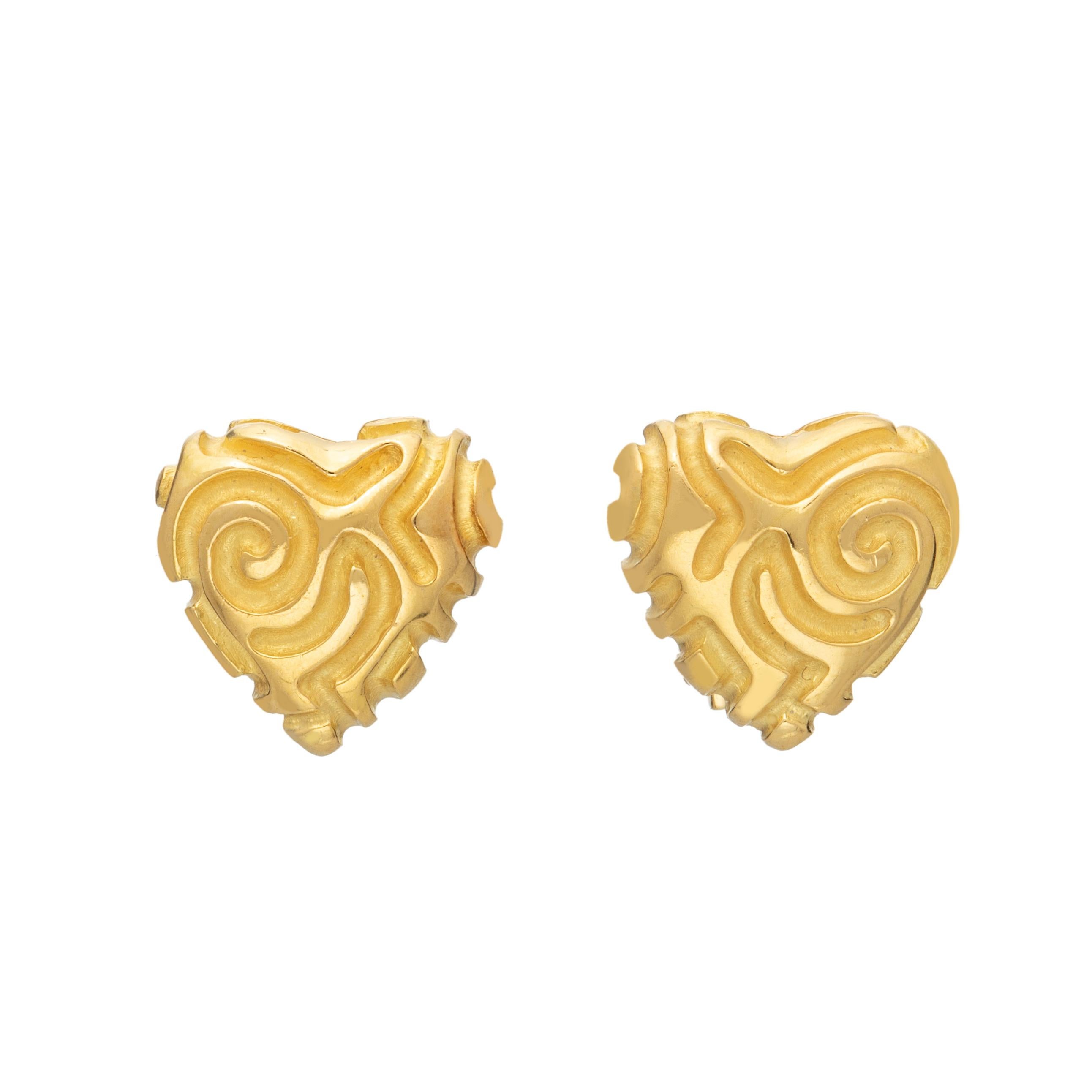 These hand carved heart shaped earrings in 18k yellow gold are a perfect expression of love - either by giving it to that special someone as a gift, or by wearing it as an affirmation of love. In any event, they are casual enough to be worn as every