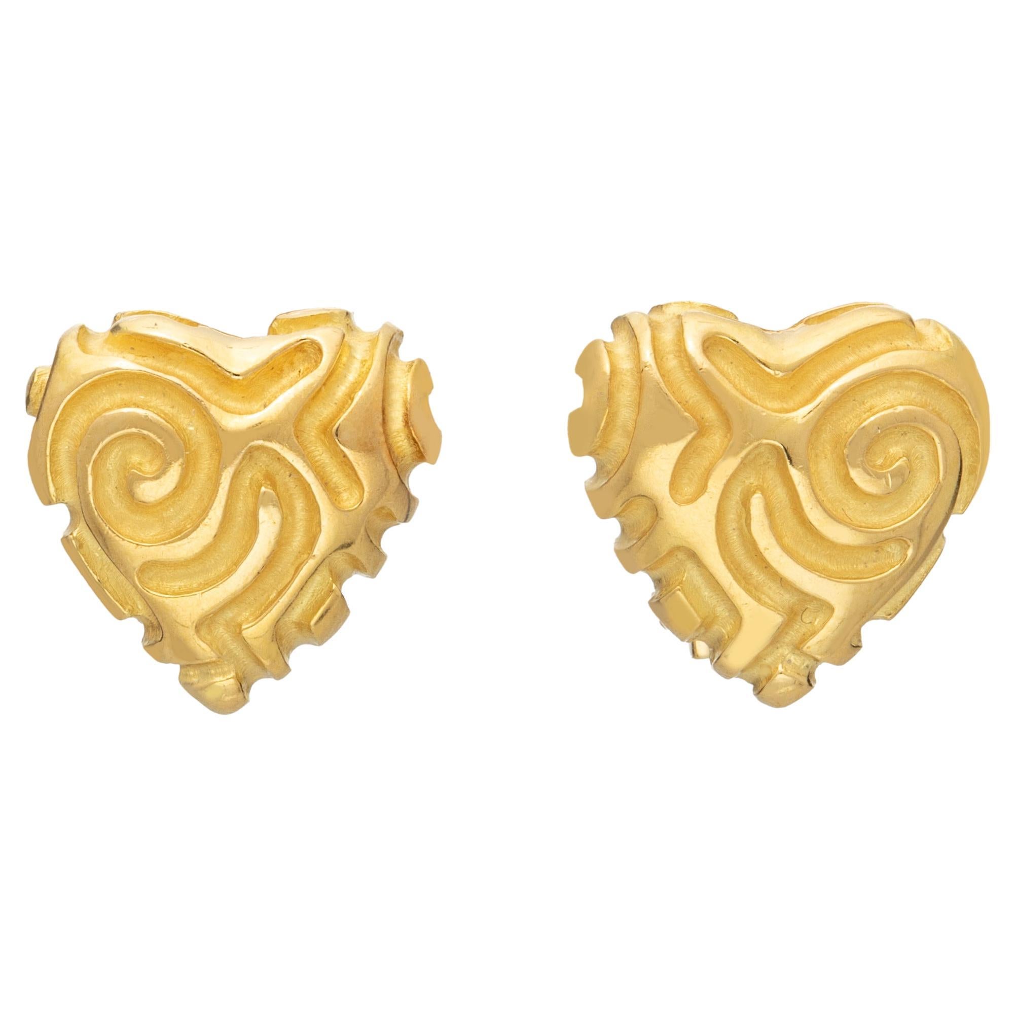 Carved Heart Earrings in 18k Gold, by Gloria Bass Design For Sale