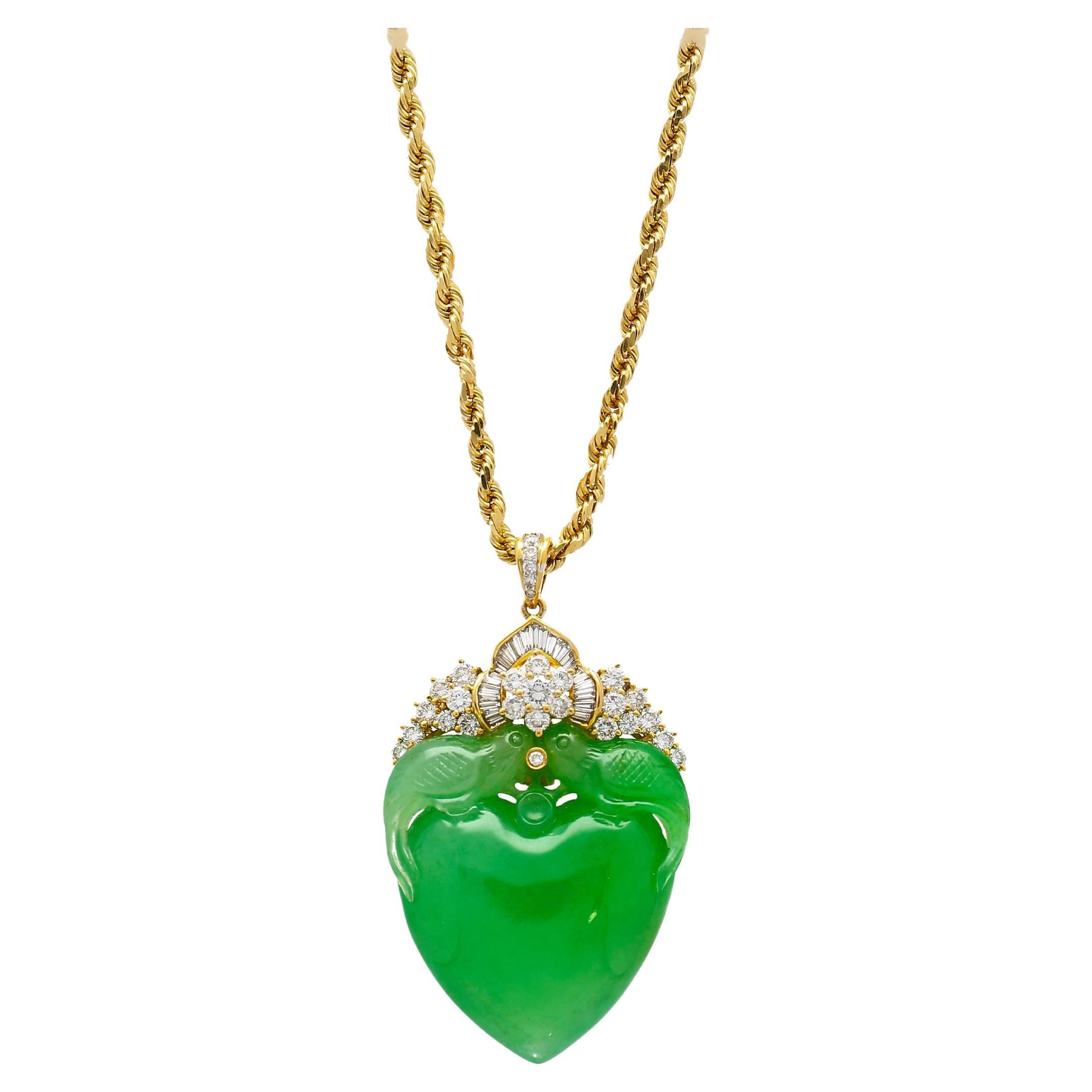 Carved Heart Jadeite Jade Bird Feeding Motif Pendant Necklace in 18k Gold  For Sale