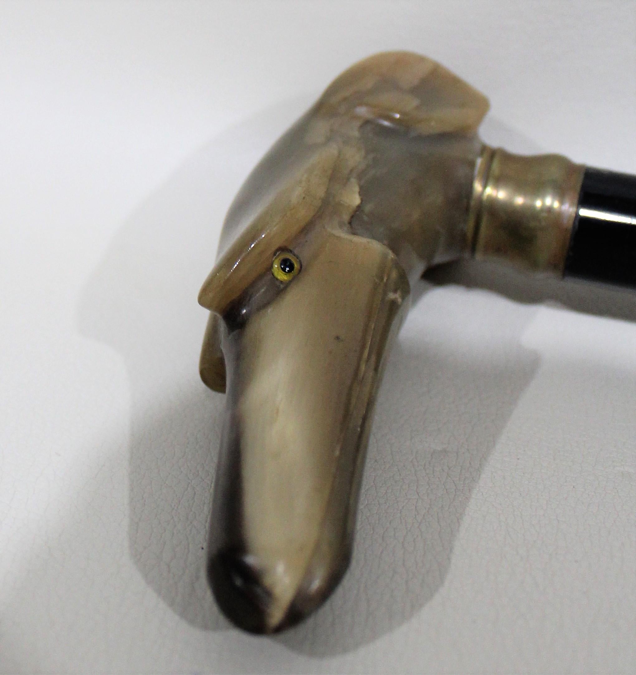 Carved Horn Dog Head L Handle Walking Stick Cane with Glass Eyes In Good Condition In Hamilton, Ontario