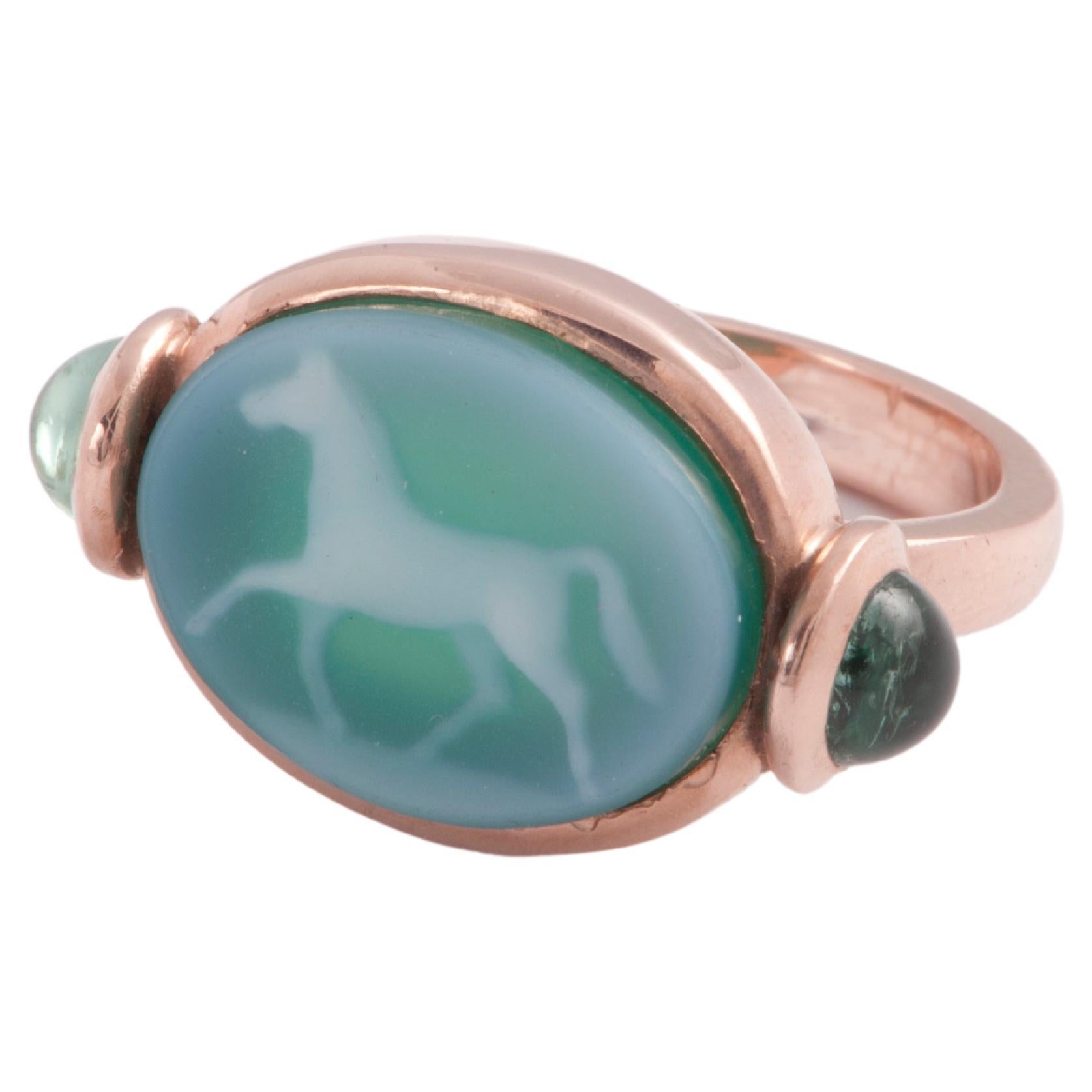 Carved Horse Green Agate 18 karat Rose Gold Green Tourmaline Design Signet Ring For Sale