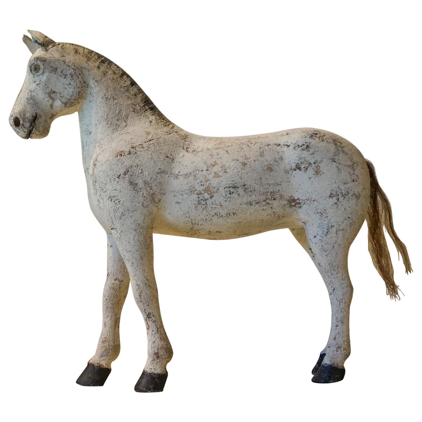 Carved Horse in Original White Paint